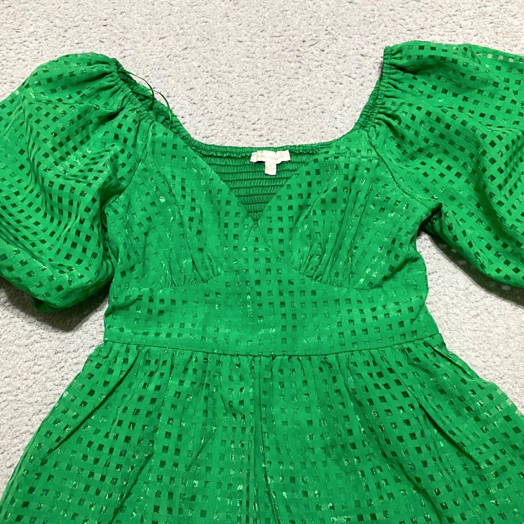 Vintage Flying Tomato Womens Short Dress Green Geometric Mini Puff Sleeve V-Neck Adult Small Size S / US 4 / IT 40 - 5 Thumbnail