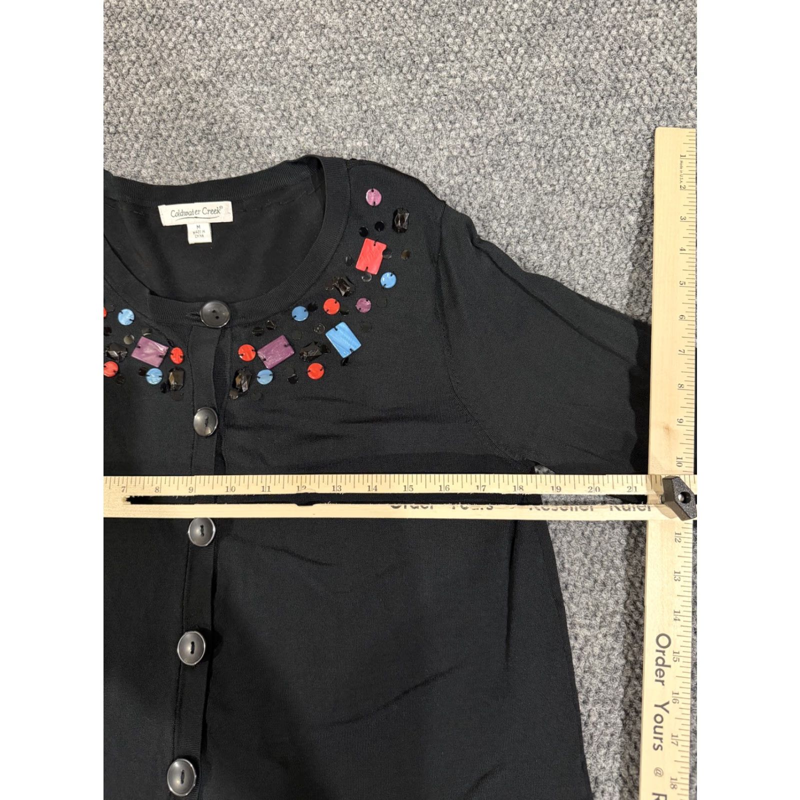 Coldwater Creek Coldwater Creek Cardigan Sweater Womens M Black Beaded Neck Button Front Crew Neck Lightweight Geometric Knit Size M / US 6-8 / IT 42-44 - 5 Thumbnail