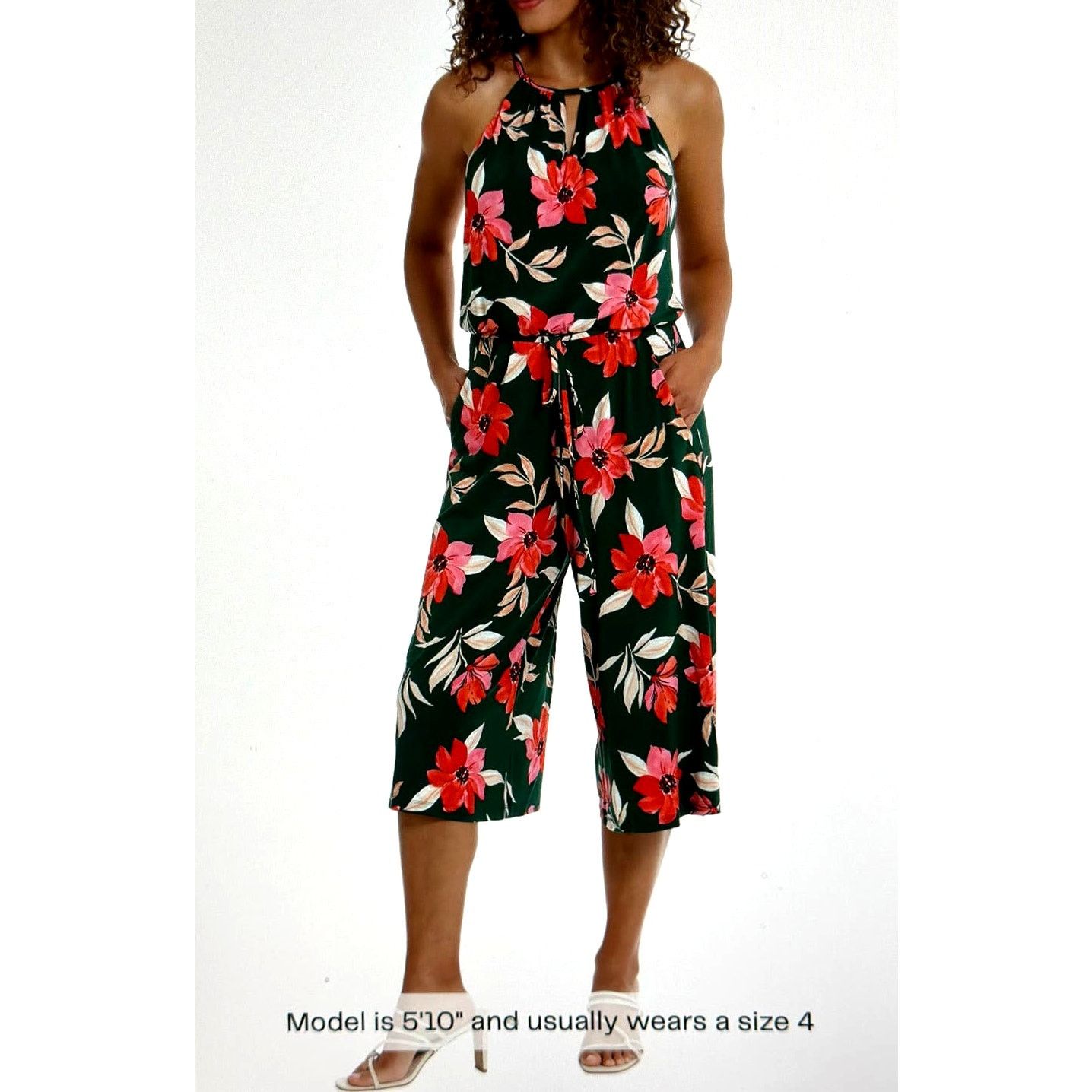 MAGGY LONDON Maggy London Floral Halter Neck Crop Jumpsuit Btrgrncrl 4 Size 27" / US 4 / IT 40 - 3 Thumbnail