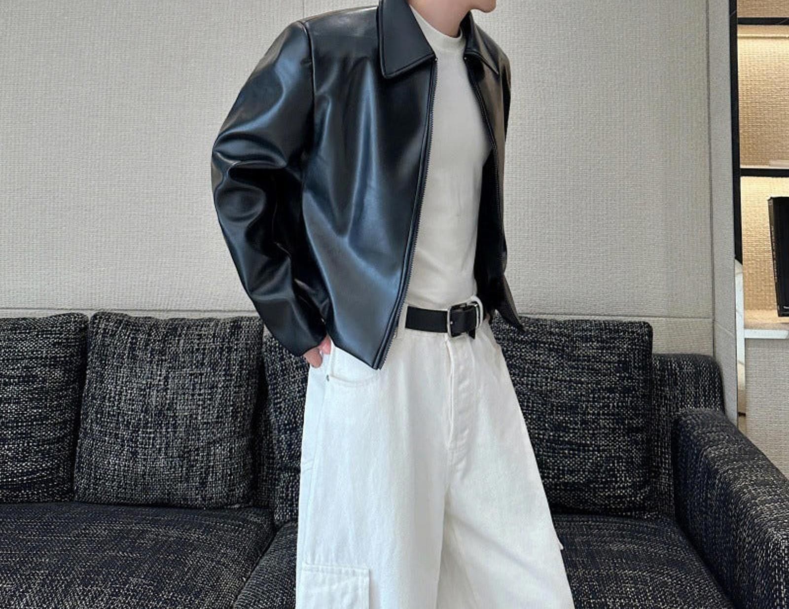 Japanese Brand Black Faux Leather Jacket, Men's Classic Zip Outerwear Size US L / EU 52-54 / 3 - 2 Thumbnail