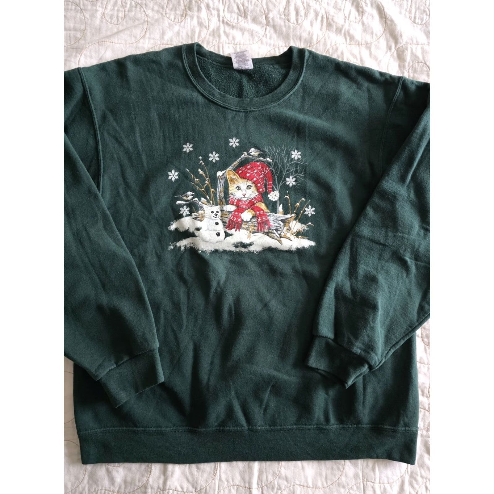 Jerzees VINTAGE Jerzees Snow Cat Sweatshirt Womens Large Green Crew Neck Long Sleeve Easy Care Graphic Print Cottagecore Winter Cat print Pullover - Size L / US 10 / IT 46 - 3 Thumbnail