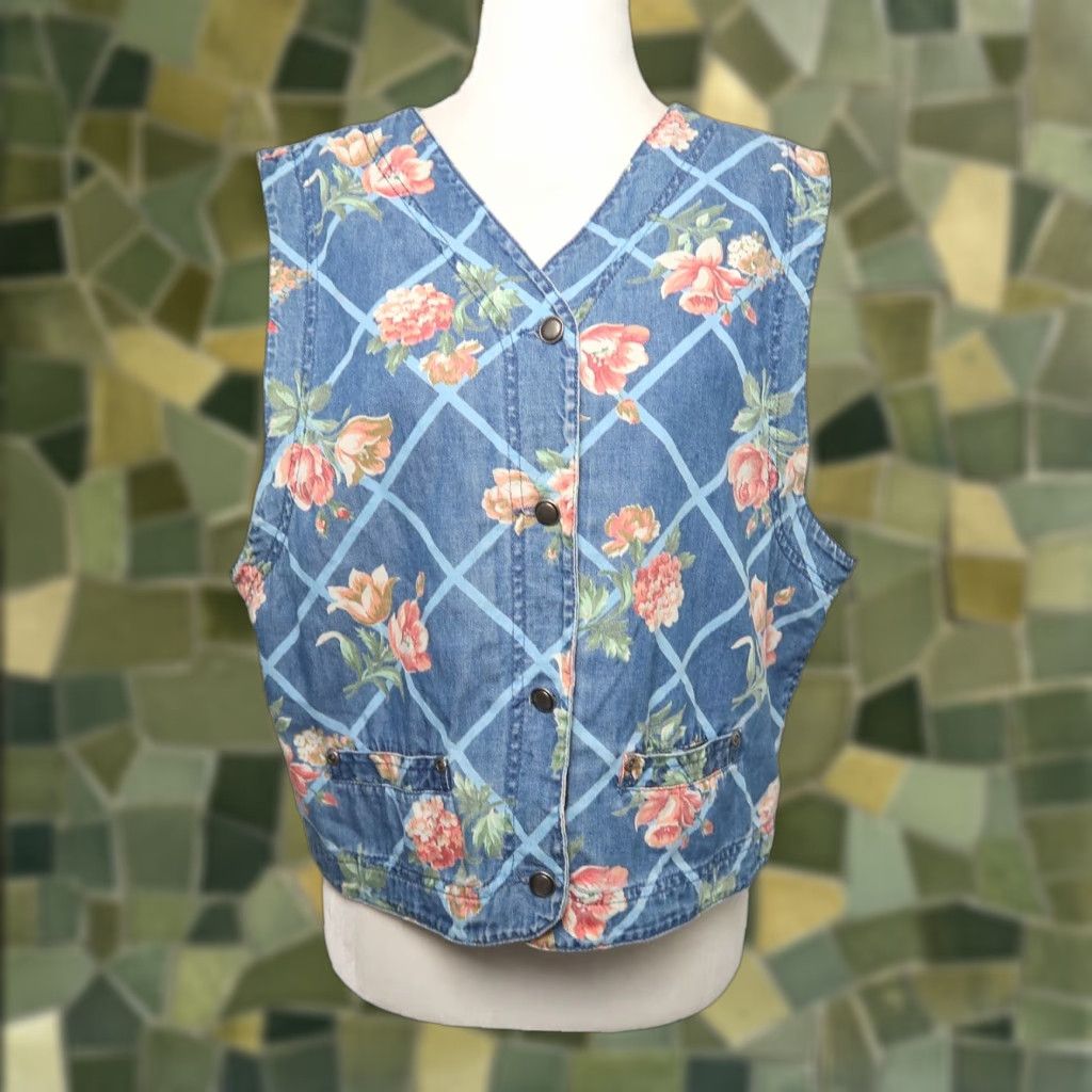 Liz Claiborne VINTAGE Liz Claiborne Vest Denim Flower Print Blue Pink 90s L Womens? Size L / US 10 / IT 46 - 1 Thumbnail