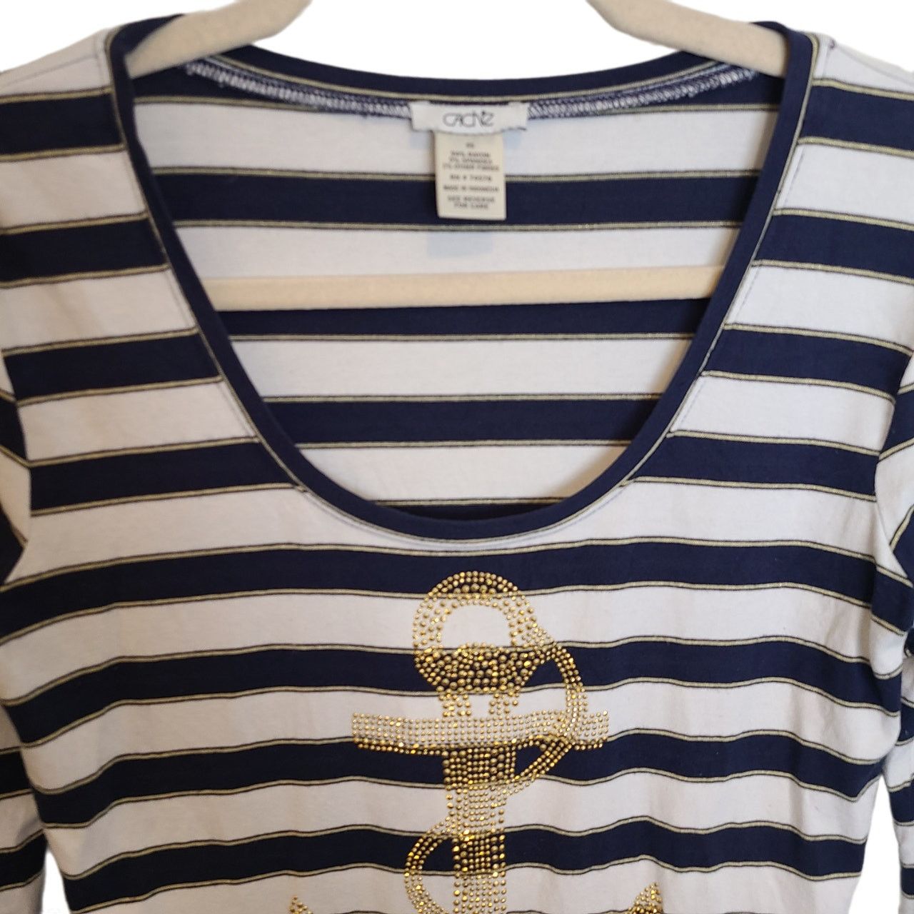 Cacharel Cache Womens Striped Rhinestone Anchor Nautical T-Shirt XS Size XS / US 0-2 / IT 36-38 - 2 Thumbnail