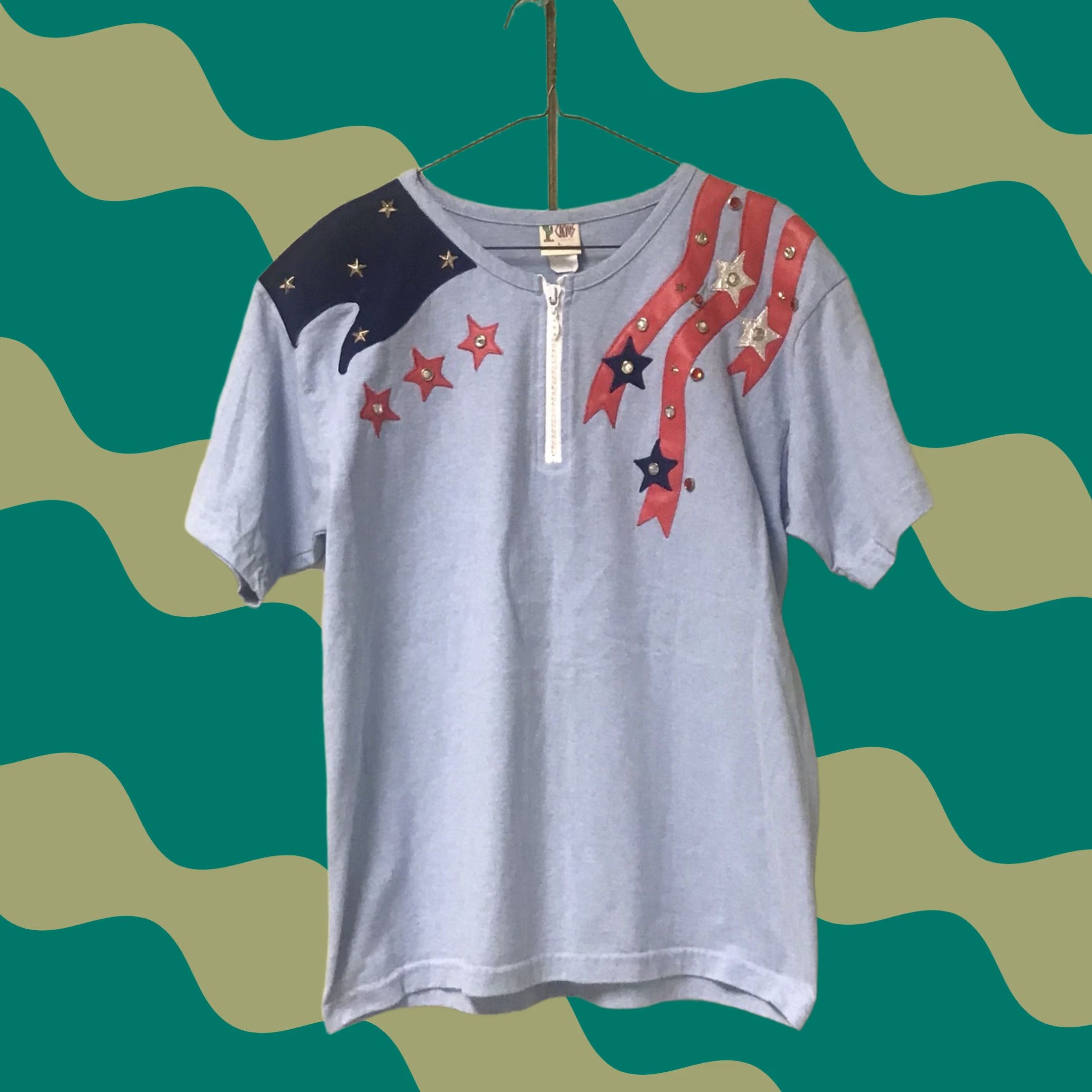 Vintage VINTAGE Cactus T-Shirt Women Sky Blue Stars & Stripes Studded 1/4 Zip Crewneck Short Sleeve L USA Size L / US 10 / IT 46 - 1 Thumbnail