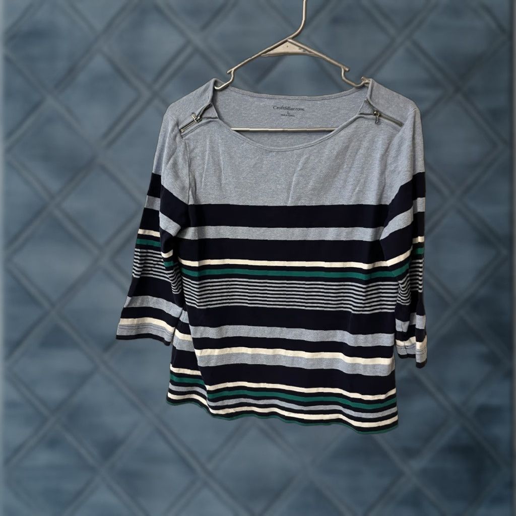 Croft & Barrow Croft & Barrow Navy Blue Striped Long Sleeve Classic Tee Size Large with Zipper Size L / US 10 / IT 46 - 1 Thumbnail