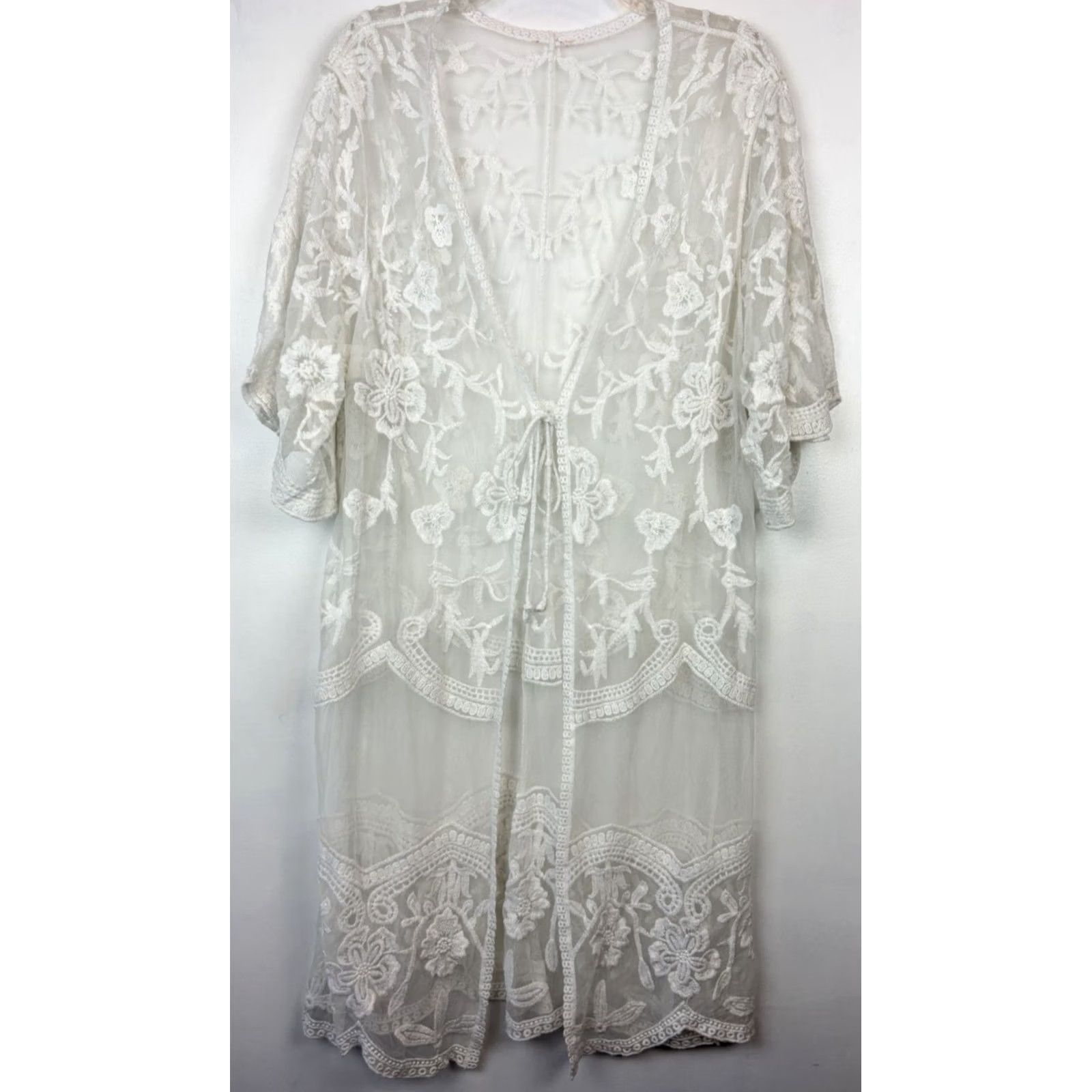 Vintage Lace Sheer Floral Kimono Duster Womens Large White Festival Fairy Coquette Tie Size L / US 10 / IT 46 - 2 Thumbnail