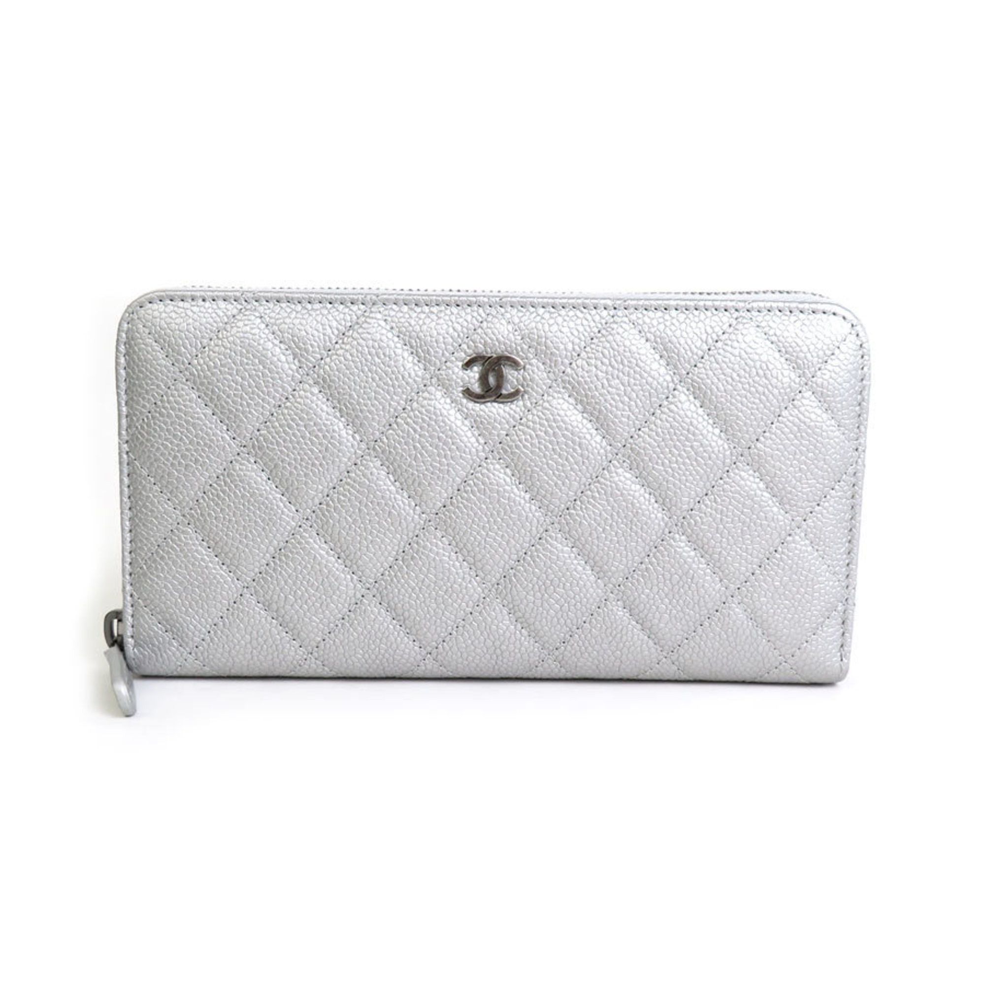 image of Chanel Round Zipper Long Wallet Matelasse Caviar Skin Leather Silver Unisex, Women's
