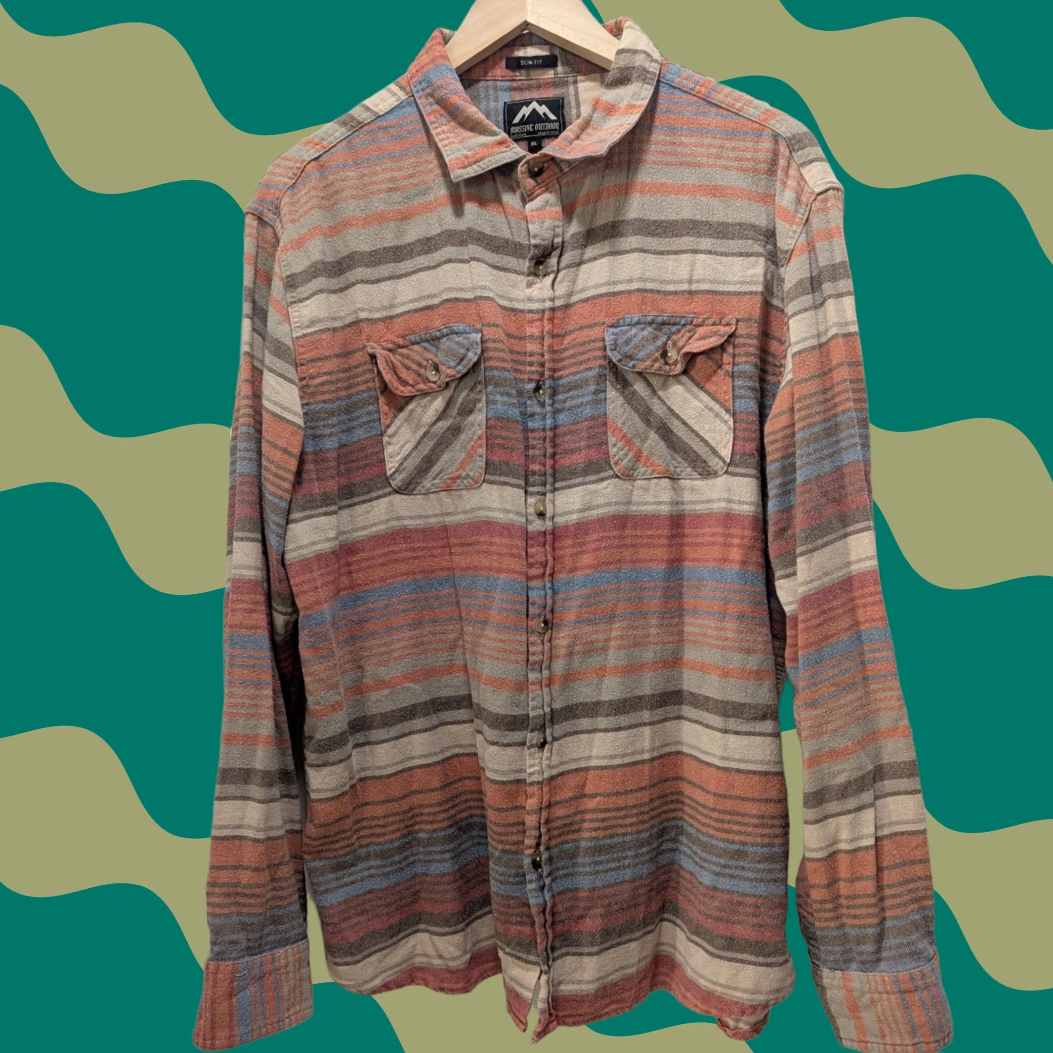 Vintage Massive Outdoor Flannel Shirt Slim Fit Long Sleeve Button-Up 100% Cotton XL Men Striped Orange/Beige/Blue-Grey Pattern Vintage No Size US XL / EU 56 / 4 - 1 Thumbnail