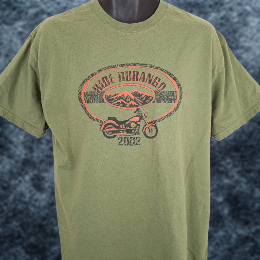 Hanes VINTAGE Hanes T-Shirt Mens Large Green Ride Durango Rocky Mountains Motorcycle 2000s Y2K Travel Souvenir Shirt Size US L / EU 52-54 / 3 - 1 Thumbnail