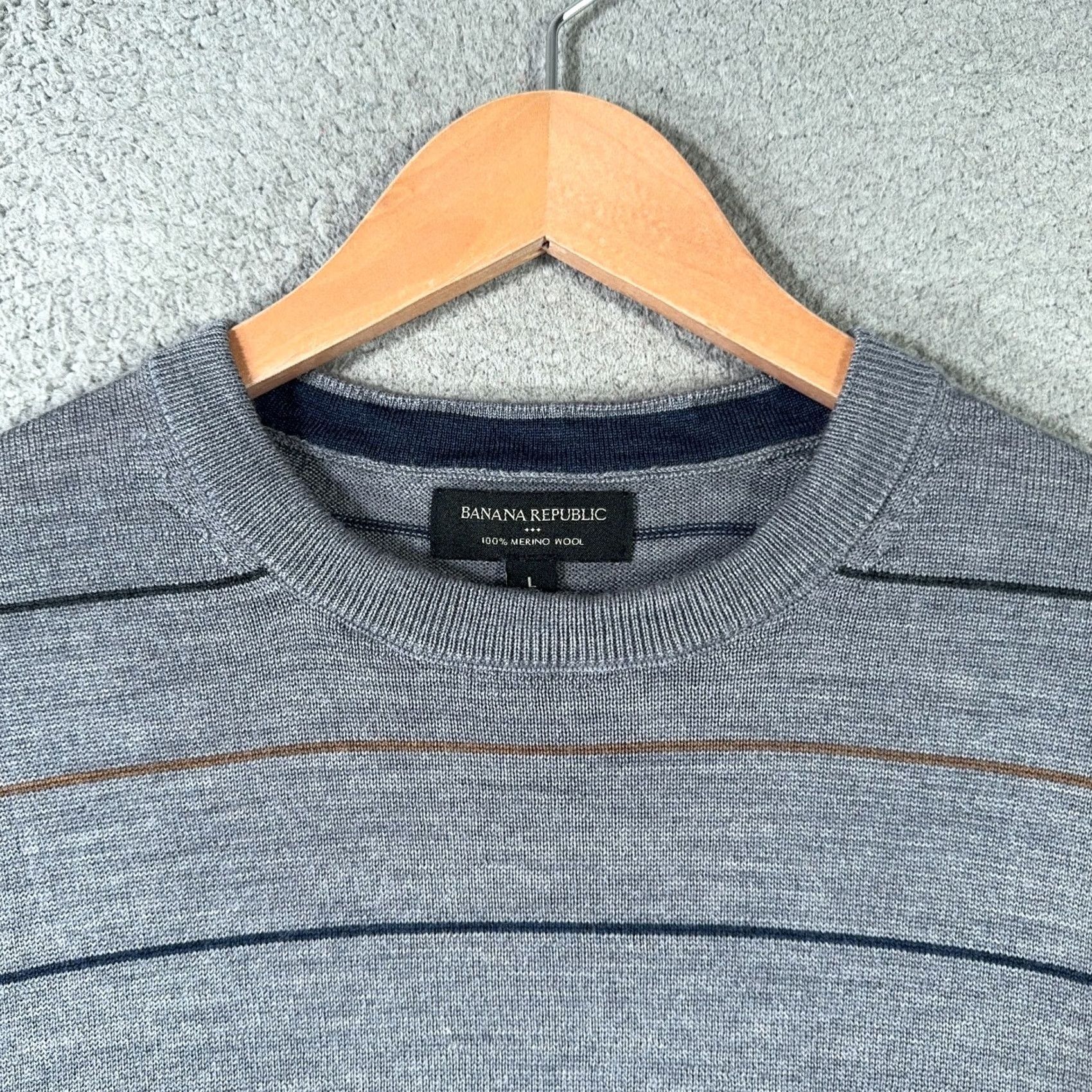 Banana Republic Banana Republic Sweater Mens Large Slim Gray Striped Pullover 100% Merino Wool Crew Neck Knit Wool Shirt Size US L / EU 52-54 / 3 - 4 Thumbnail