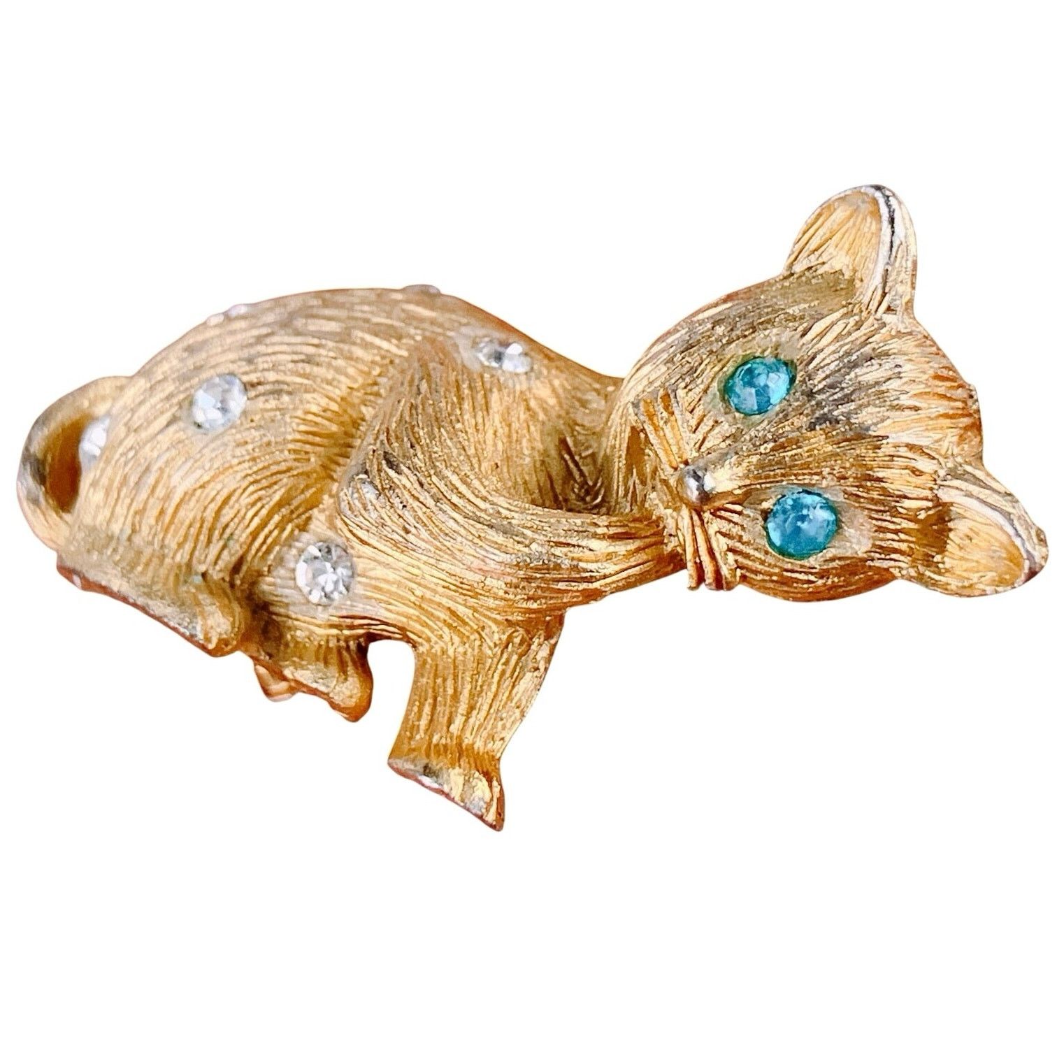 Vintage VTG Mid Century Gold Tone Cat Brooch Aqua Rhinestone Size ONE SIZE - 11 Thumbnail