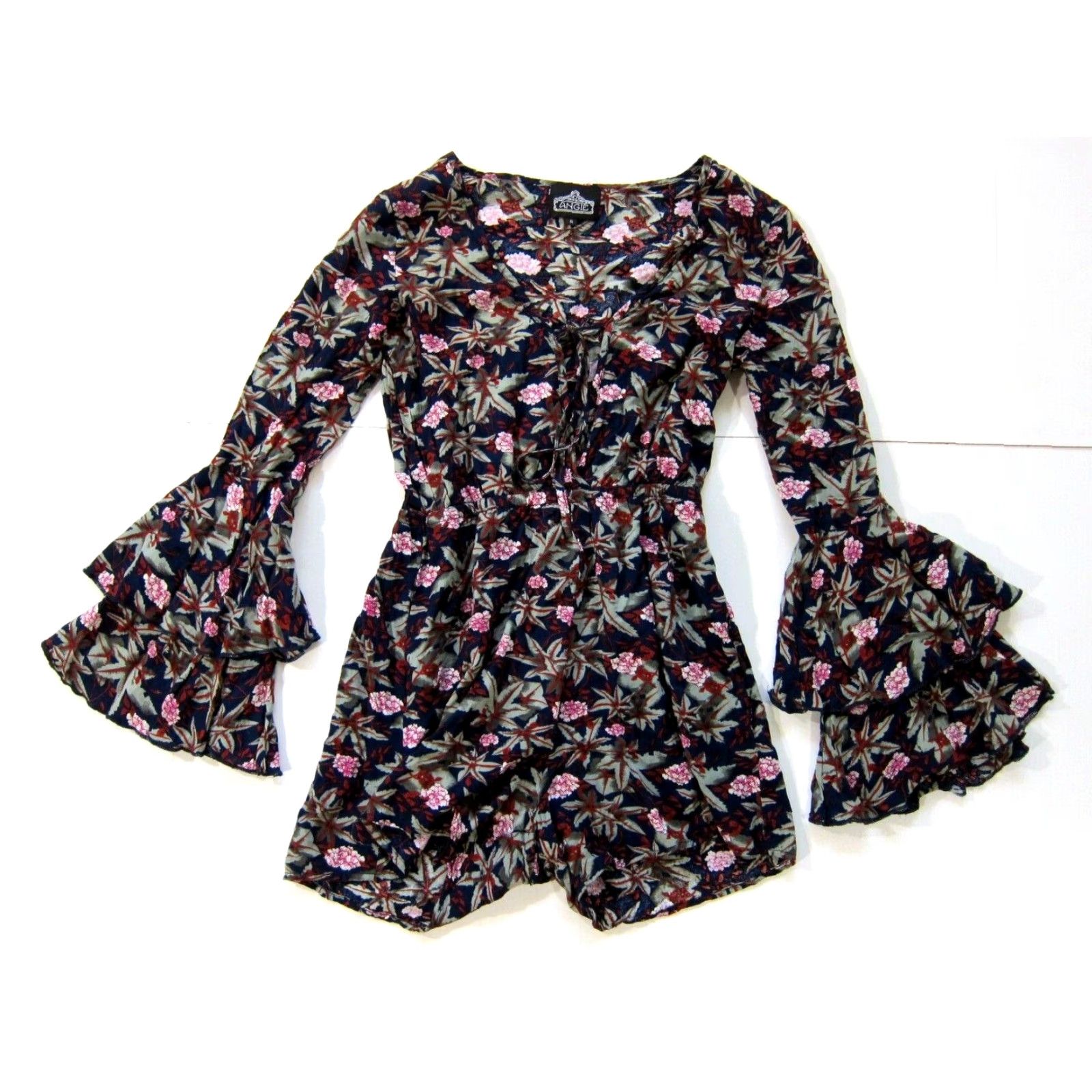 Vintage Angie Jumpsuit One-Piece Womens XS- Small Rayon Blue Floral Ruffle Flare Sleeve Short Romper 80s 90s Aloha Size 28" / US 6 / IT 42 - 2 Thumbnail