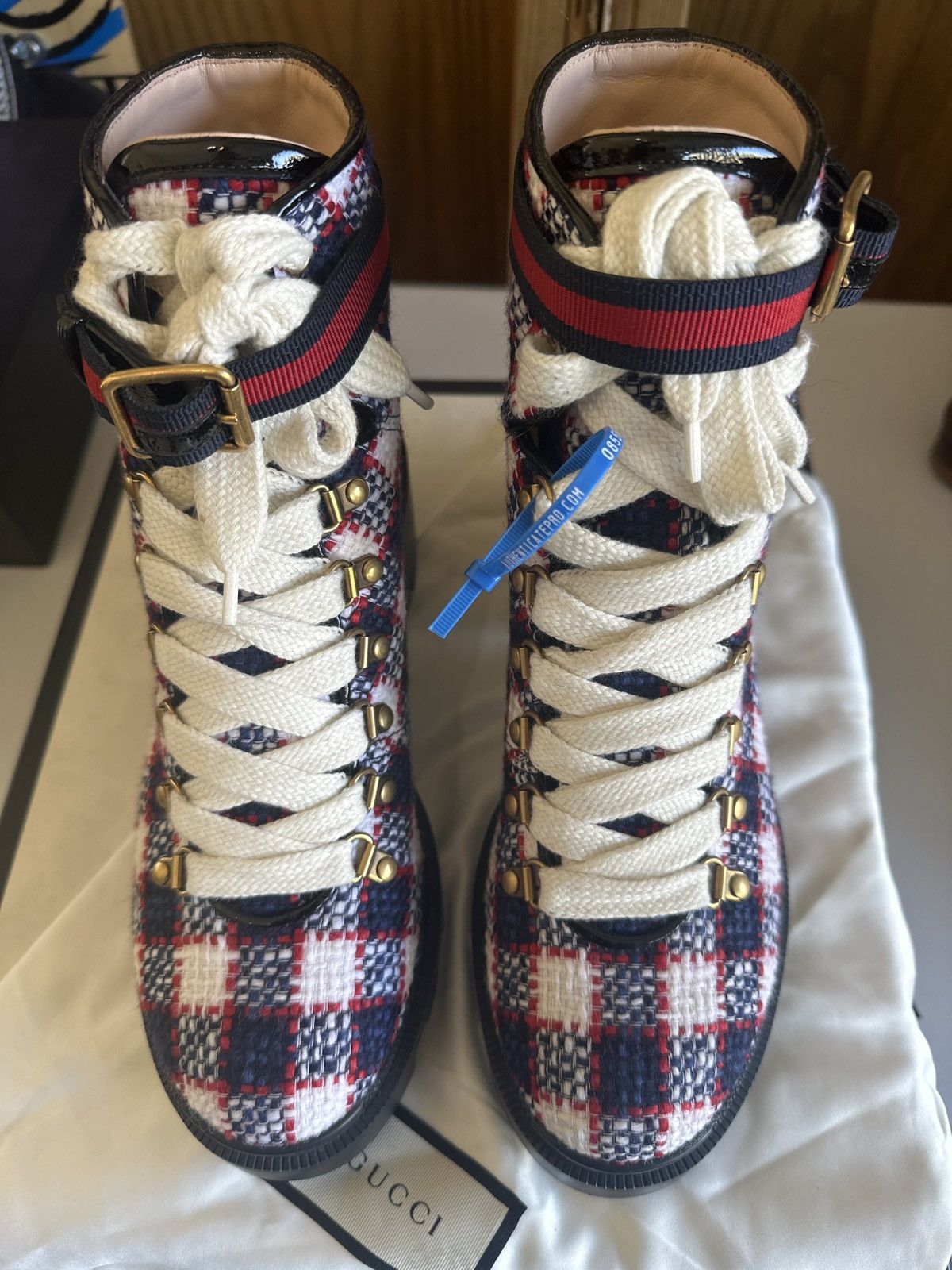 image of Gucci Tweed Lace Up Boots in Navy, Women's (Size 9)