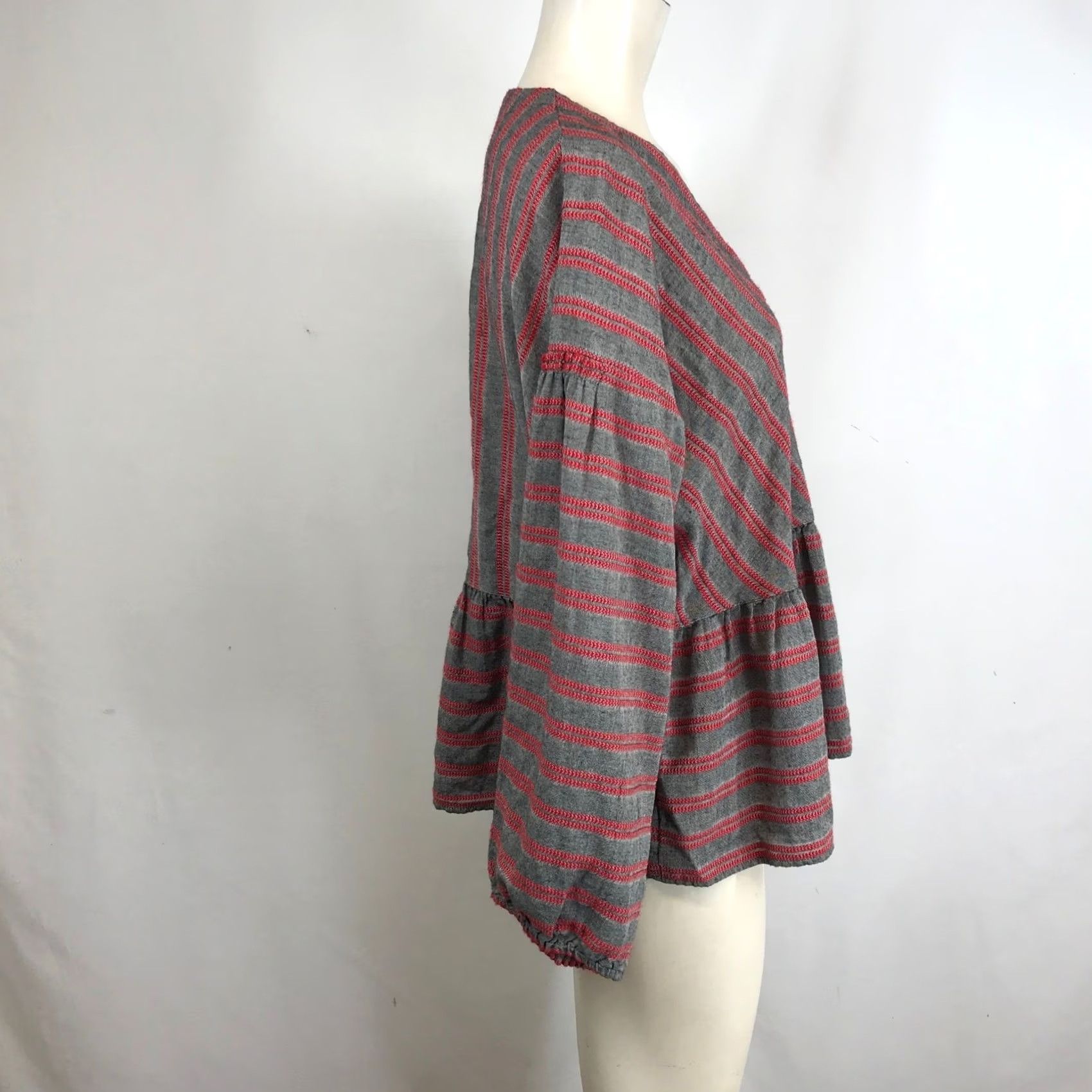 Madewell Madewell Striped V Neck Peplum Top Red Grey XL Cotton Blend Boho Casual Blouse Size XL / US 12-14 / IT 48-50 - 4 Thumbnail