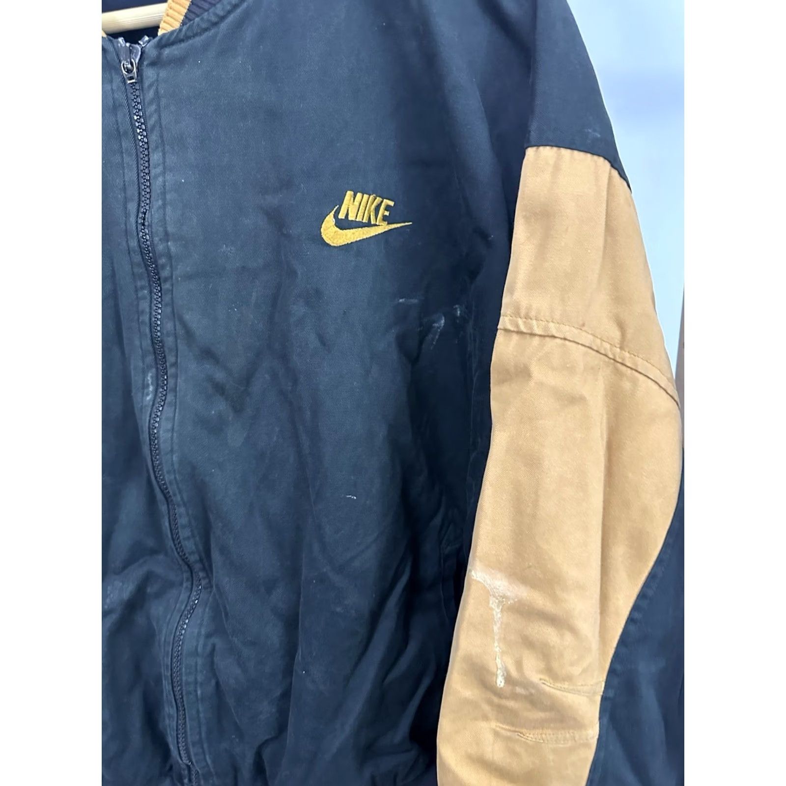 Nike VTG Nike Block Spellout Black Gold Varsity Bomber Jacket XL Mens Distressed 80s Style Size US XL / EU 56 / 4 - 7 Thumbnail