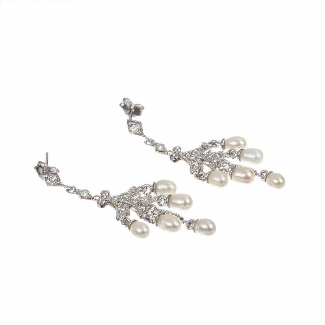Designer Sterling Silver Cubic Zirconia and Pearl Chandelier Earrings Size ONE SIZE - 2 Thumbnail
