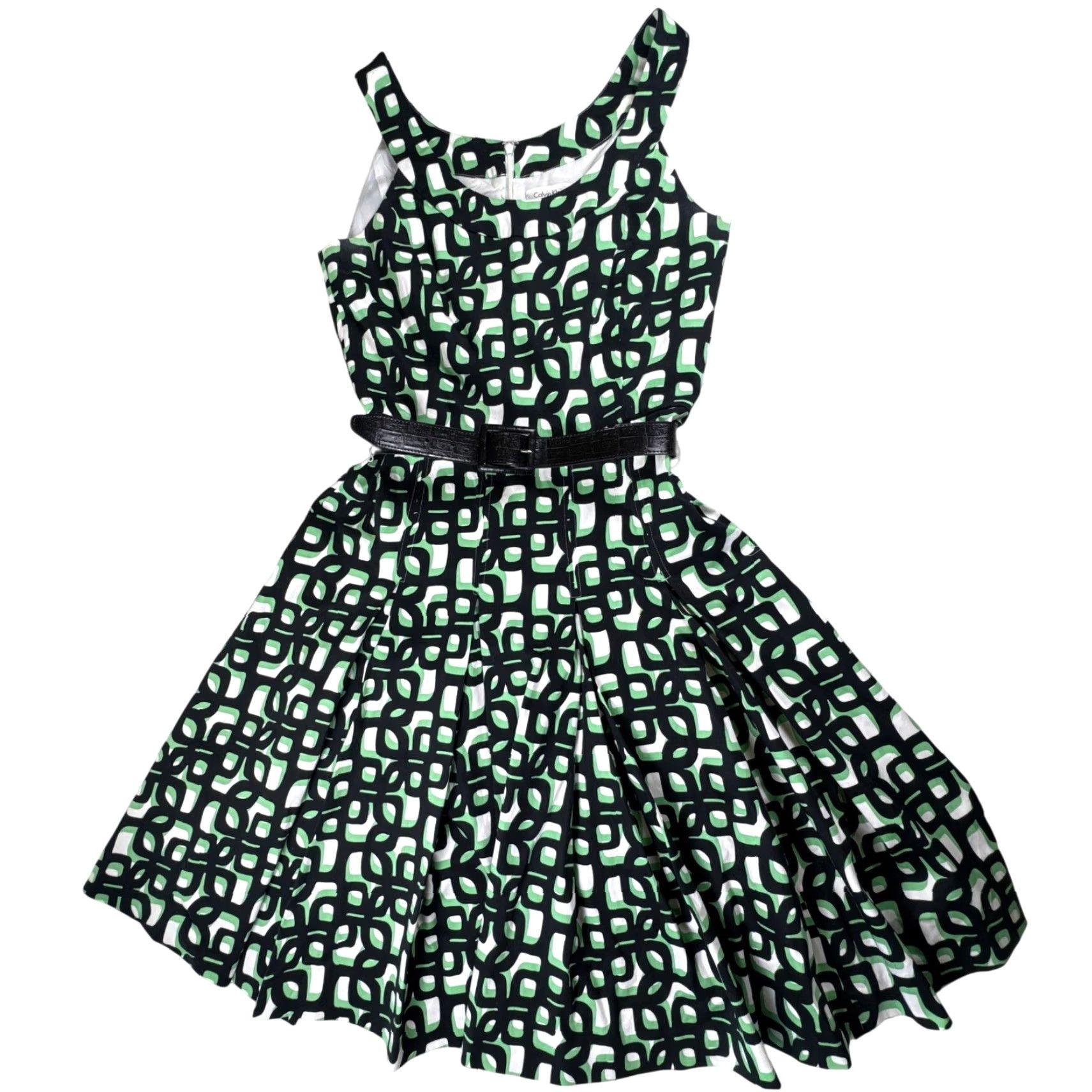 Calvin Klein Calvin Klein Geometric Dress Belted Fit & Flare Sleeveless Knee Length Women's 6 Green Black White Casual Party/Cocktail Size M / US 6-8 / IT 42-44 - 2 Thumbnail