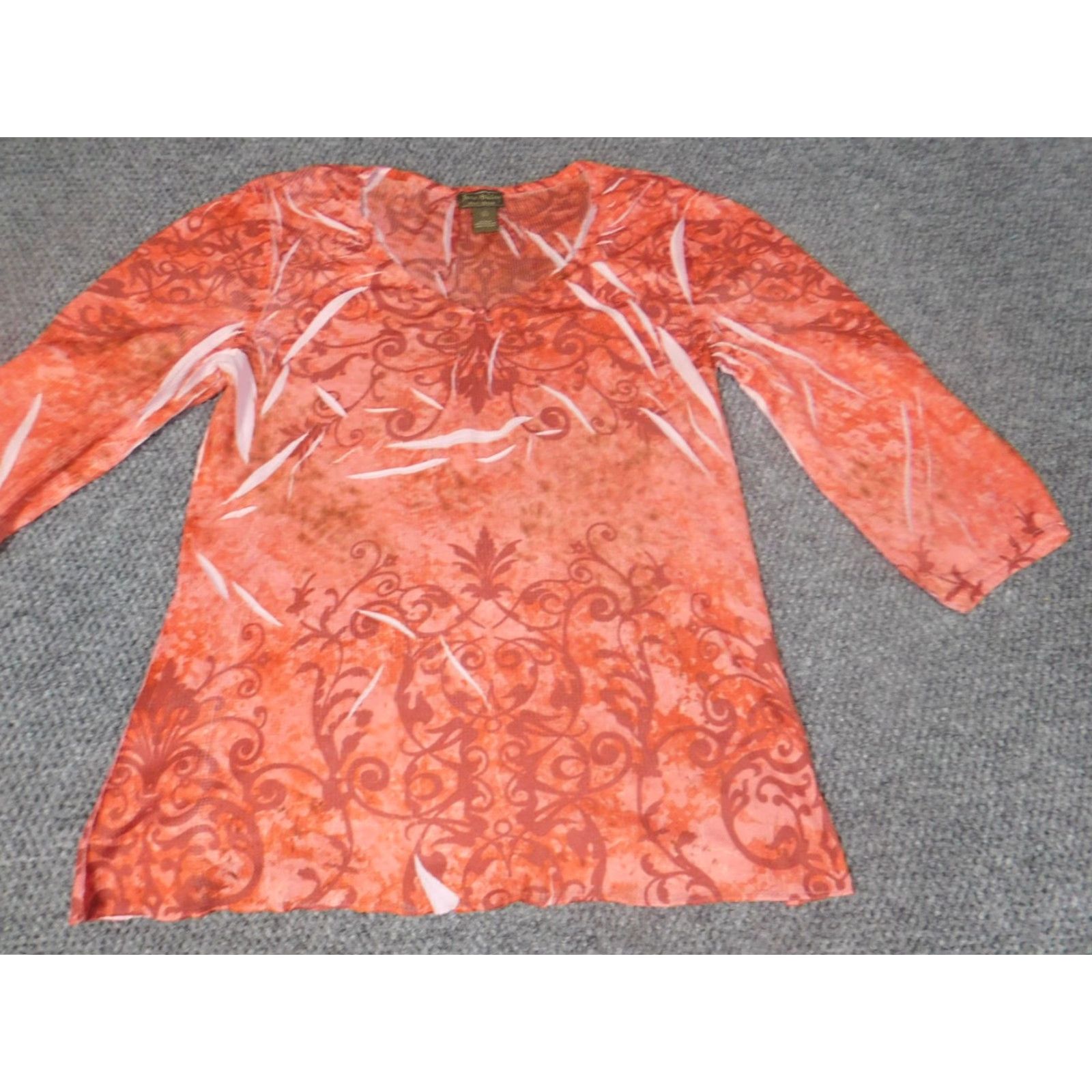 Vintage Jane Ashley Blouse Women L Peach Floral V-Neck Pullover Stretch Top Casual Long Sleeve Ruffle Polyester Rayon Orange Size L / US 10 / IT 46 - 3 Thumbnail