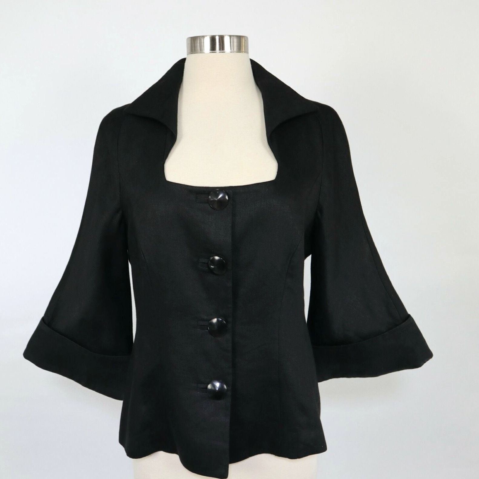 image of Jaeger Black Label Linen Jacket Blazer Womens Us8 Uk12 3/4 Bell Sleeves in White (Size Medium)