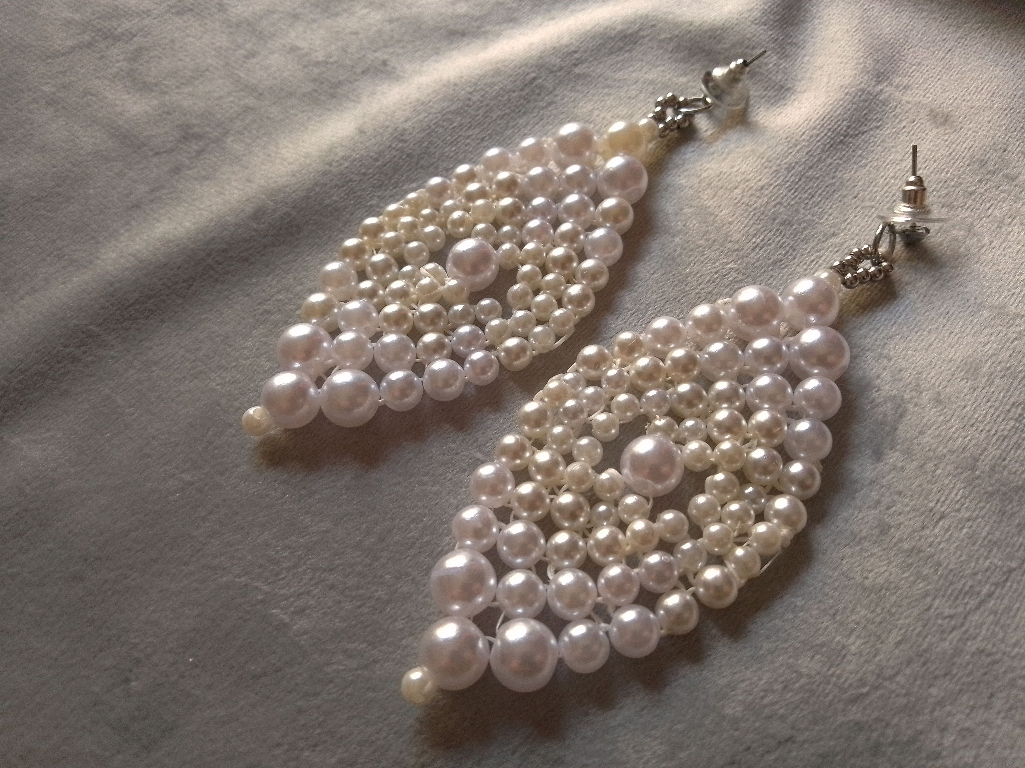 Handmade Earrings Pearls White Elegant Long Embroidered Size ONE SIZE - 4 Thumbnail