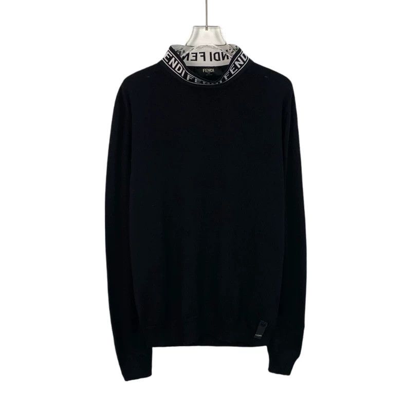 FENDI Black logo letter embroidered high-neck wool long-sl