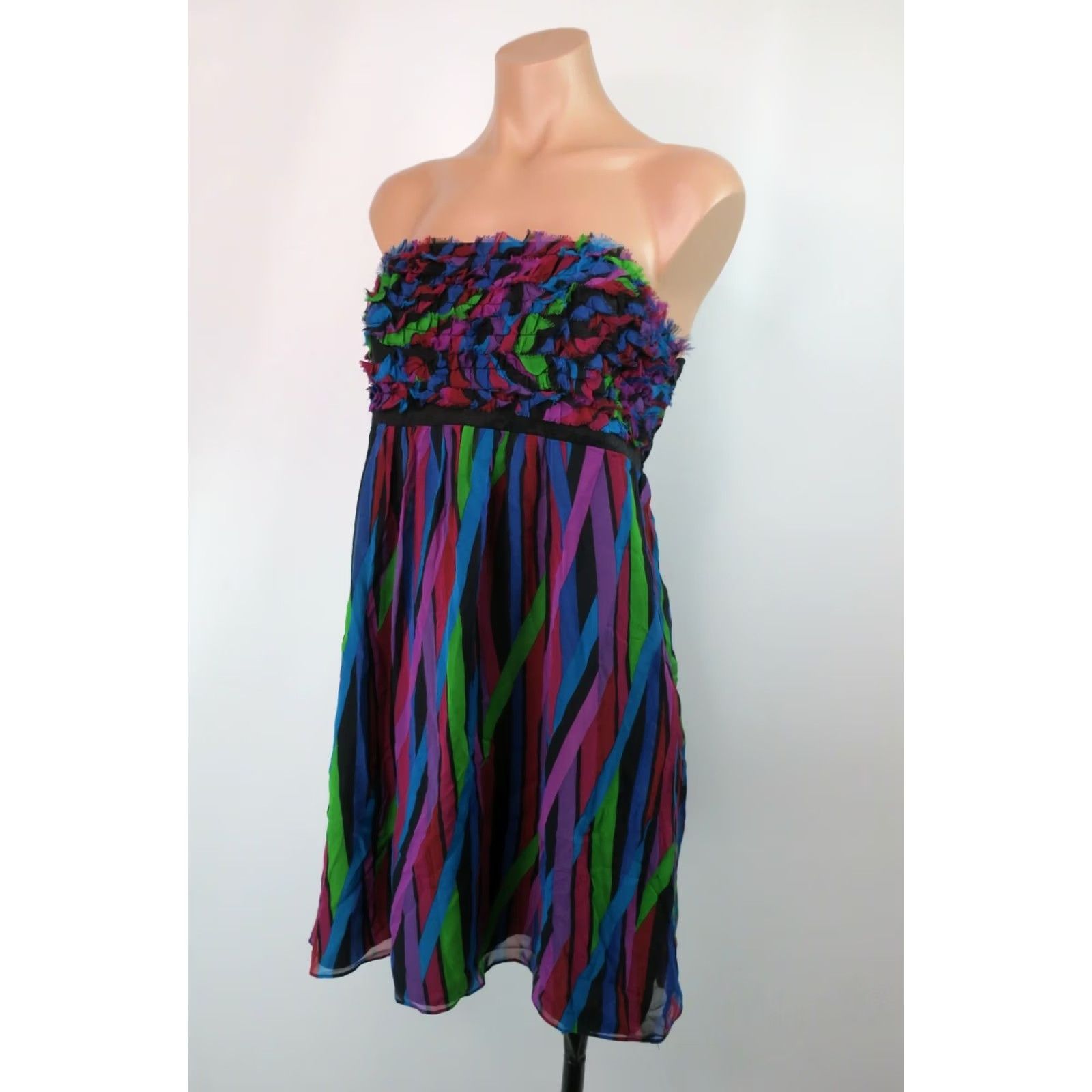 Betsey Johnson VINTAGE Betsey Johnson Rainbow Striped Silk Dress Sleeveless Strapless A-Line Prom Short 90s 8 Womens Girls Size M / US 6-8 / IT 42-44 - 6 Thumbnail
