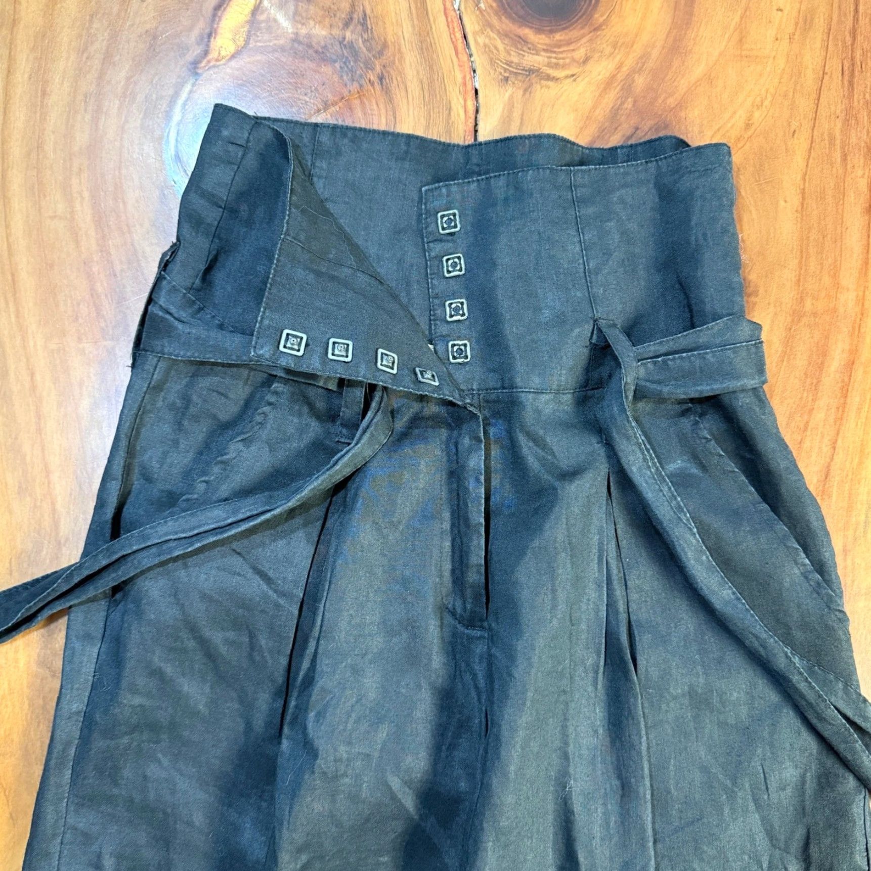 Vintage Saga Women's Pants 29 x 29 High Rise Linen Pleated Tie Paperbag Wide-Leg Bohemian Black Casual Size 29" - 3 Thumbnail