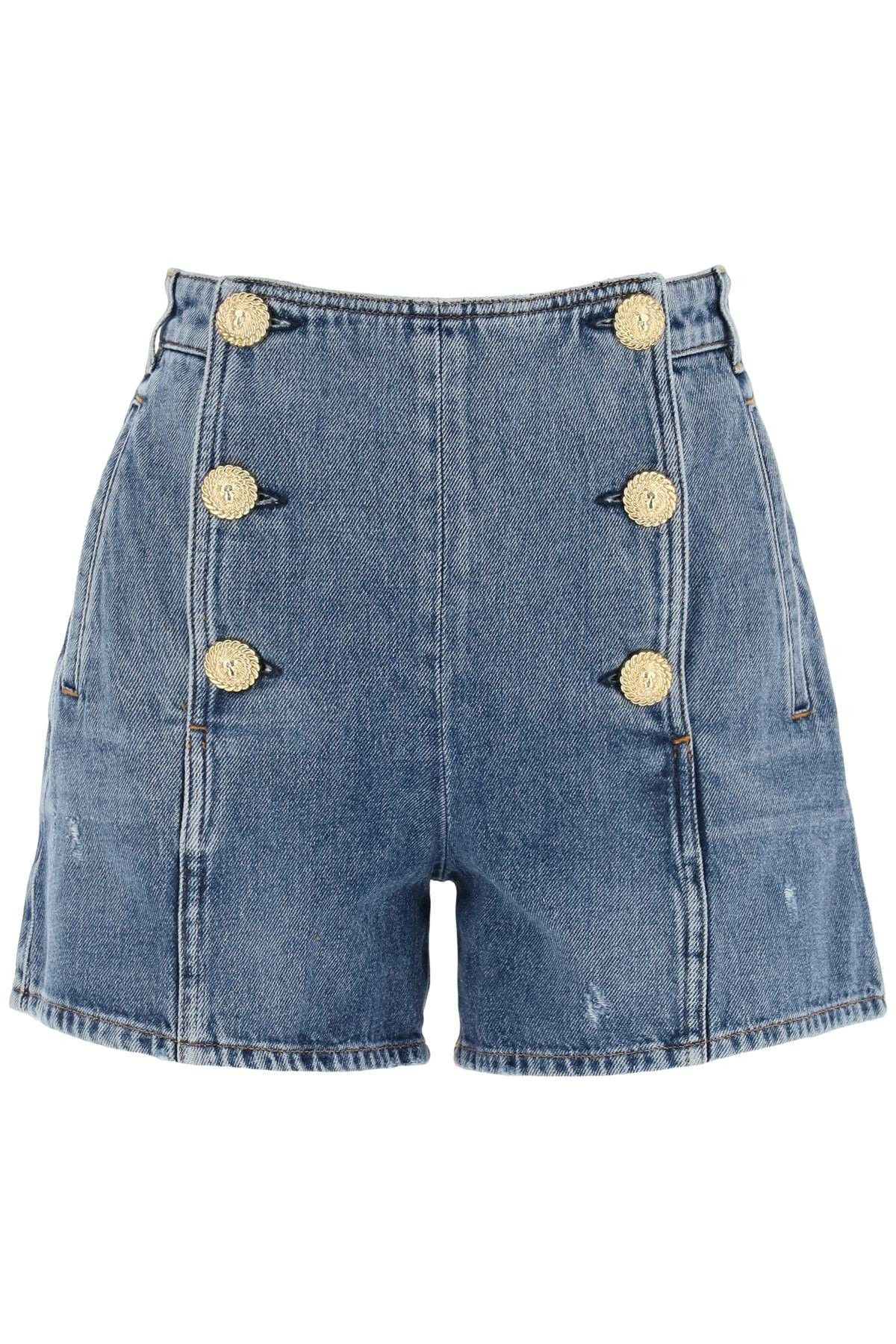 image of Balmain "striped Denim Shorts With Embossed Buttons in Bleu Jean, Women's (Size 28)