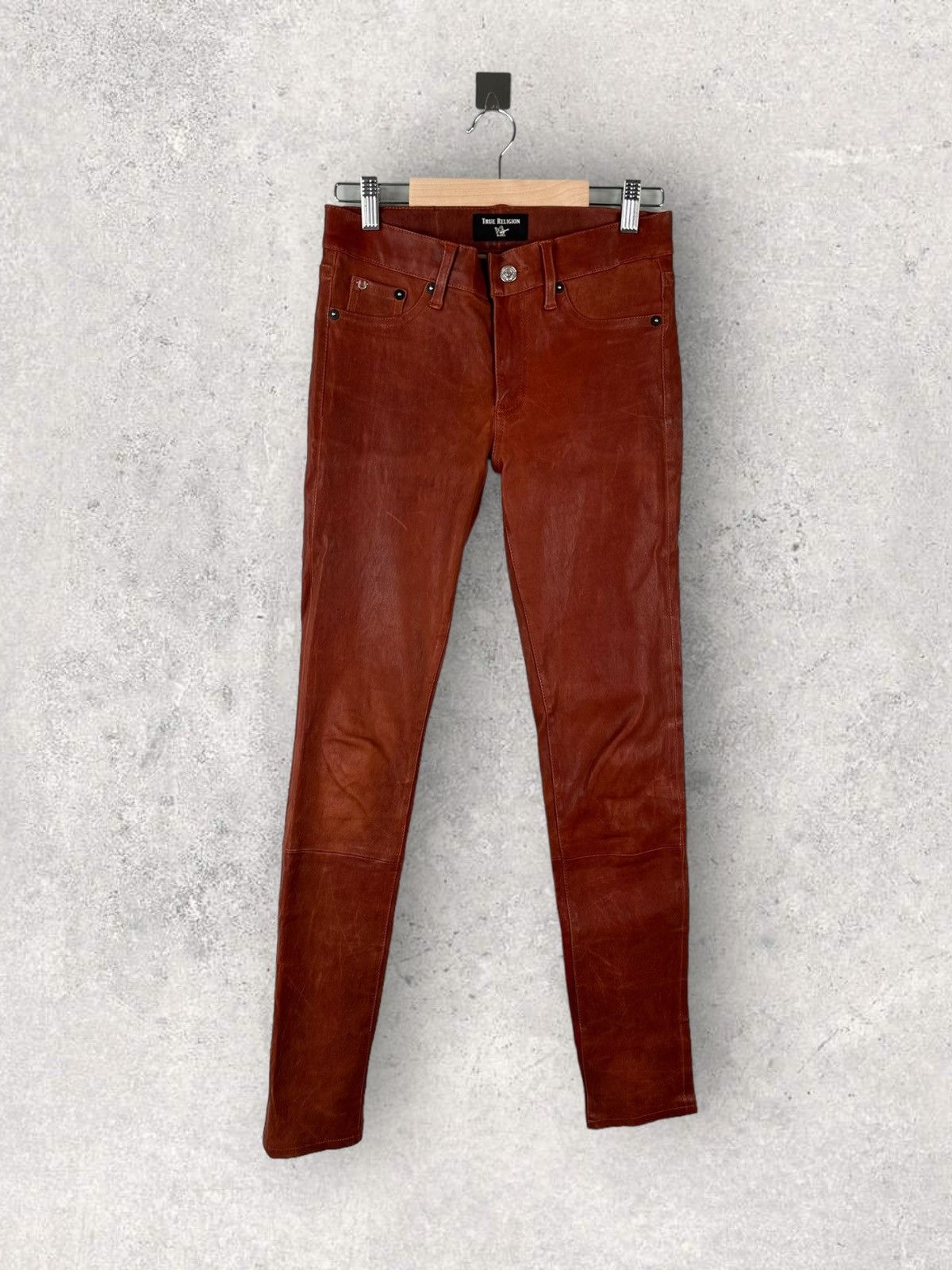 image of Genuine Leather x True Religion Womens Leather Skinny Pants Trousers in Brown (Size 26)
