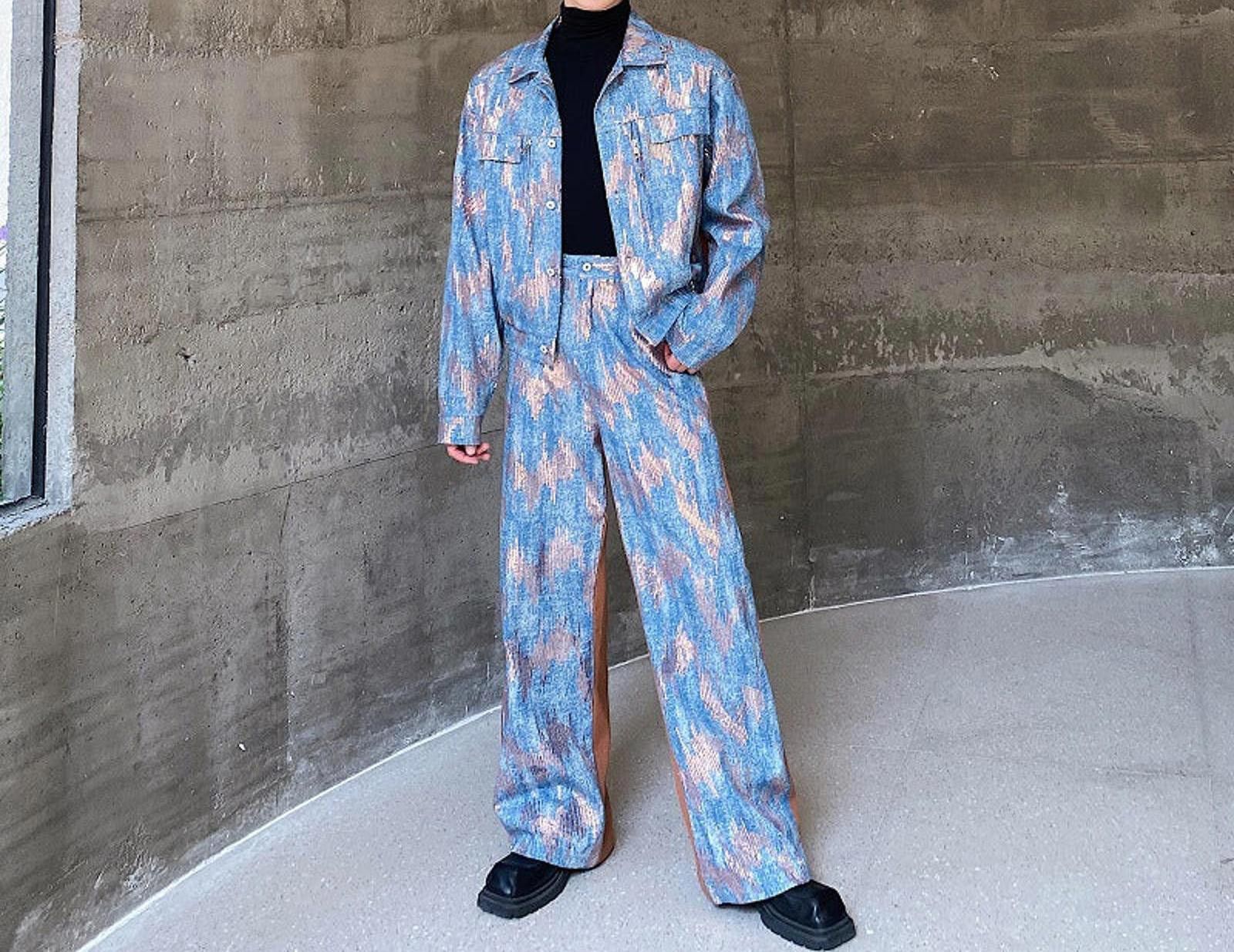 Japanese Brand Blue Patterned Wide Leg Denim Jacket and Pants Set Size US M / EU 48-50 / 2 - 1 Thumbnail