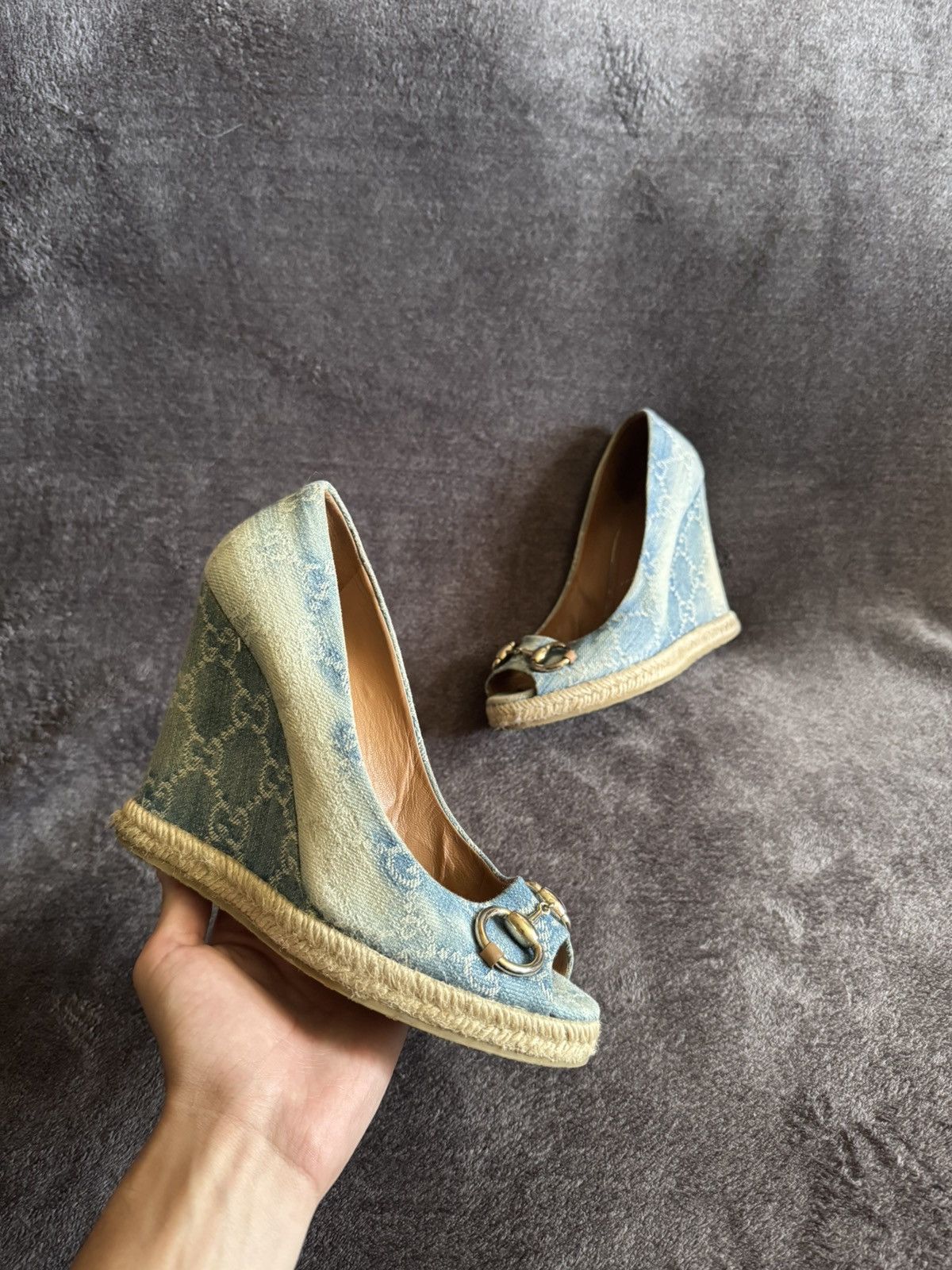 Gucci Gucci Horsebit monogram GC denim heels blue Size US 6 / IT 36 - 1 Thumbnail