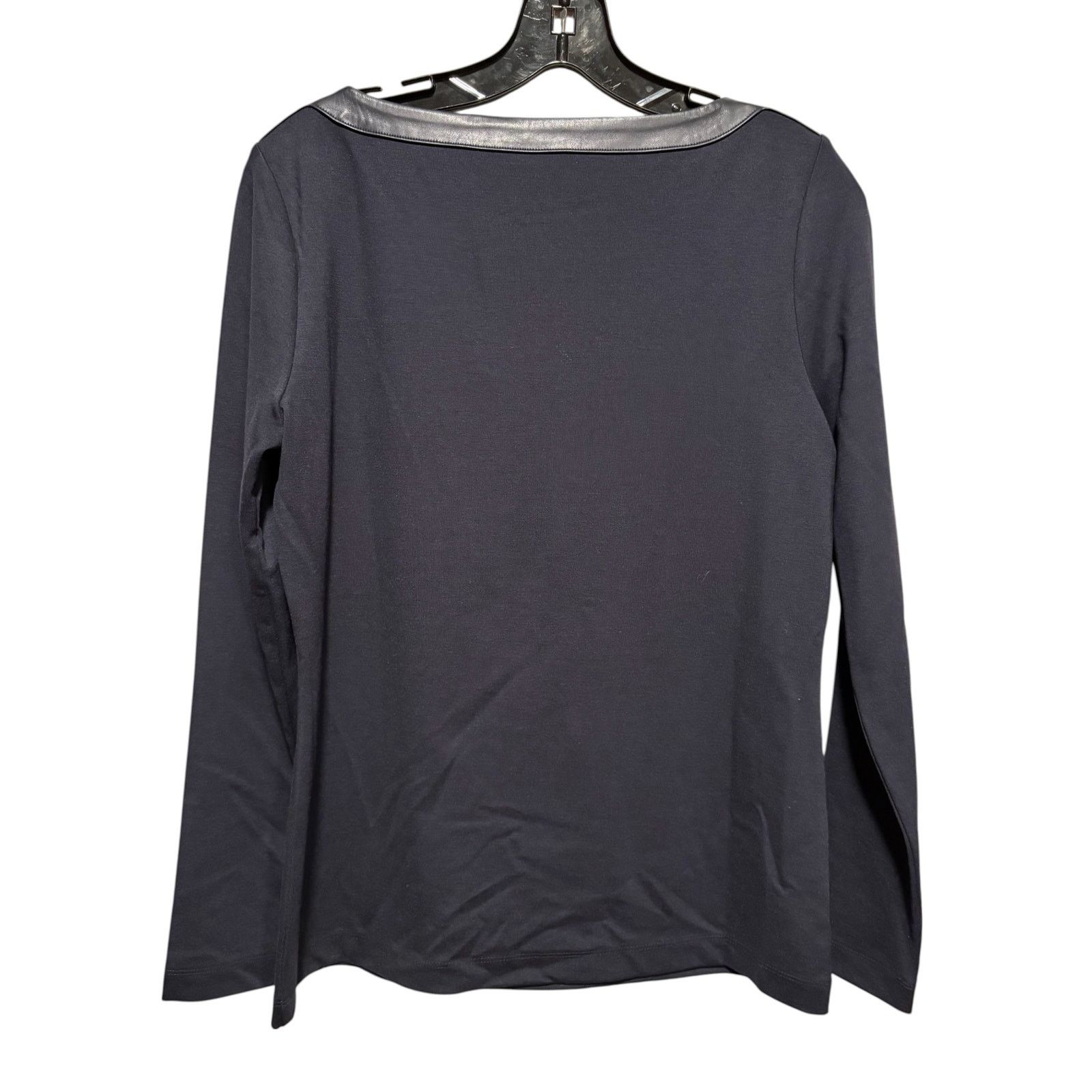 Ann Taylor Ann Taylor Navy Blue Black pLeather Trim Long Sleeve Top Size M / US 6-8 / IT 42-44 - 3 Thumbnail