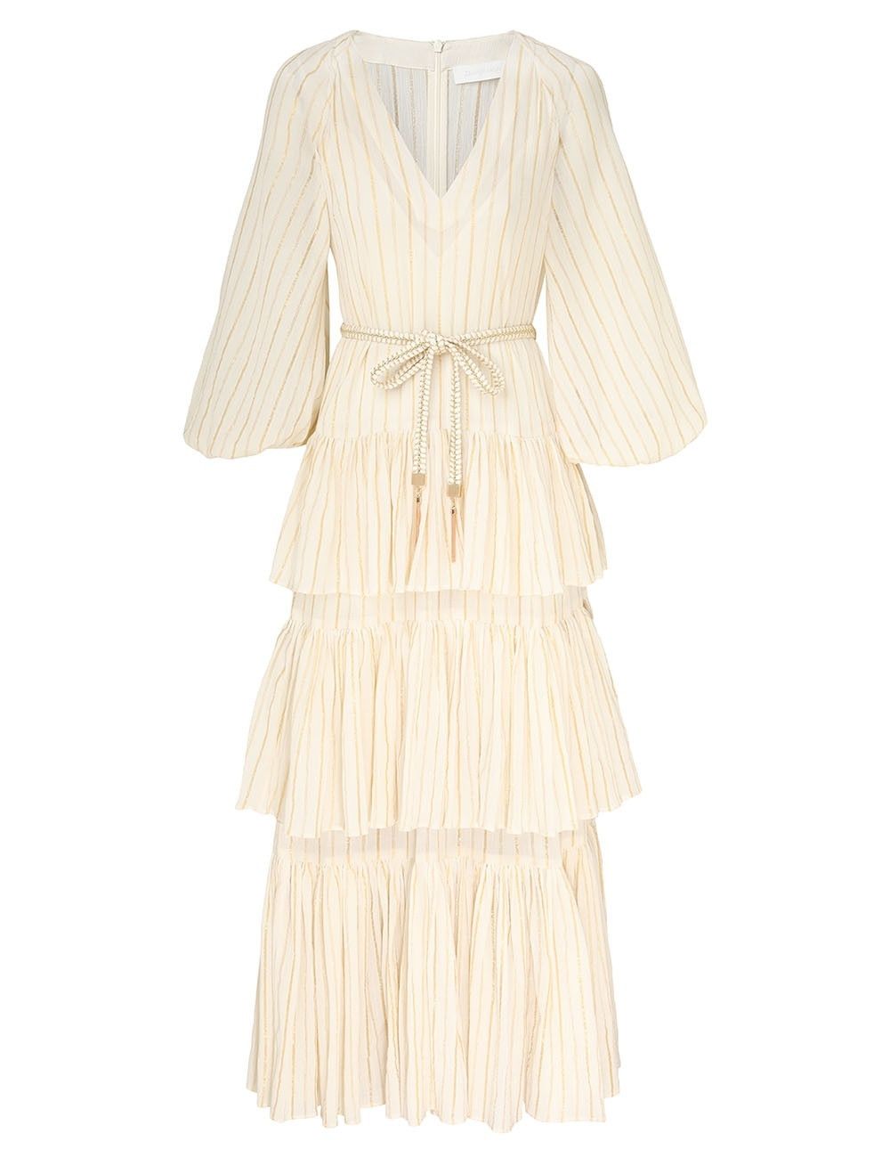 Zimmermann oc11z0525 Waverly Tiered Midi Dress in Ivory & Gold Size XS / US 0-2 / IT 36-38 - 2 Thumbnail