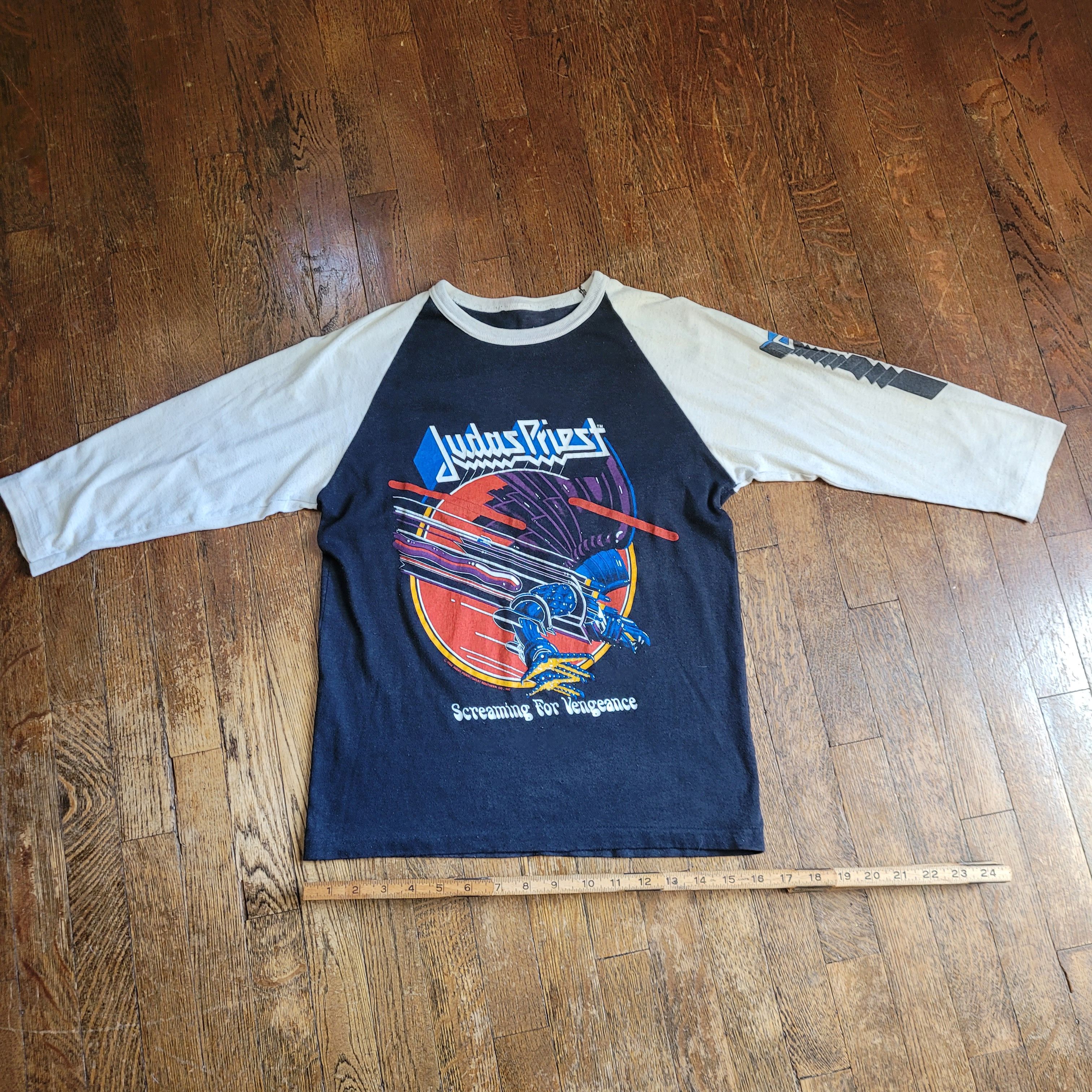 image of Rock Band Vintage Judas Priest Screaming For Vengeance Raglan Shirt in Black, Men's (Size Medium)