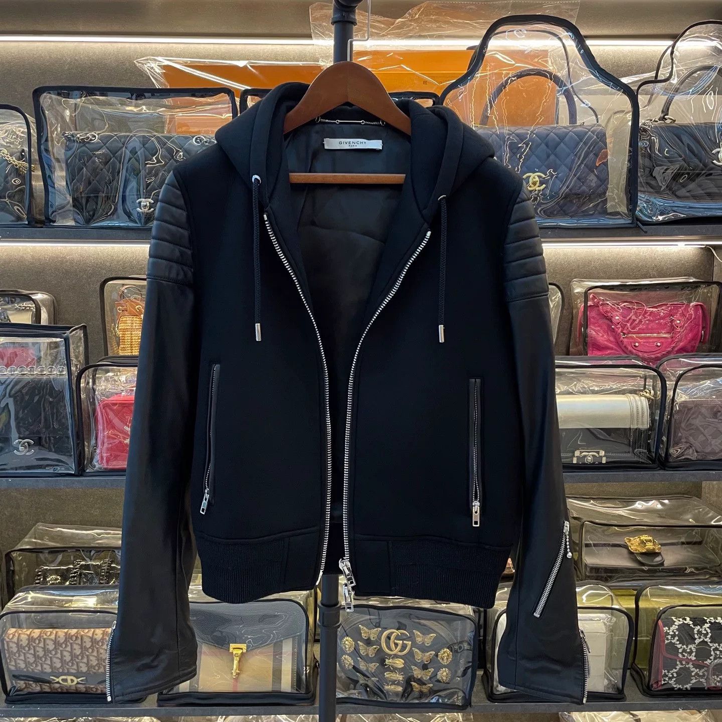 Givenchy GIVENCHY Black Leather Hooded Jacket Size US M / EU 48-50 / 2 - 1 Thumbnail