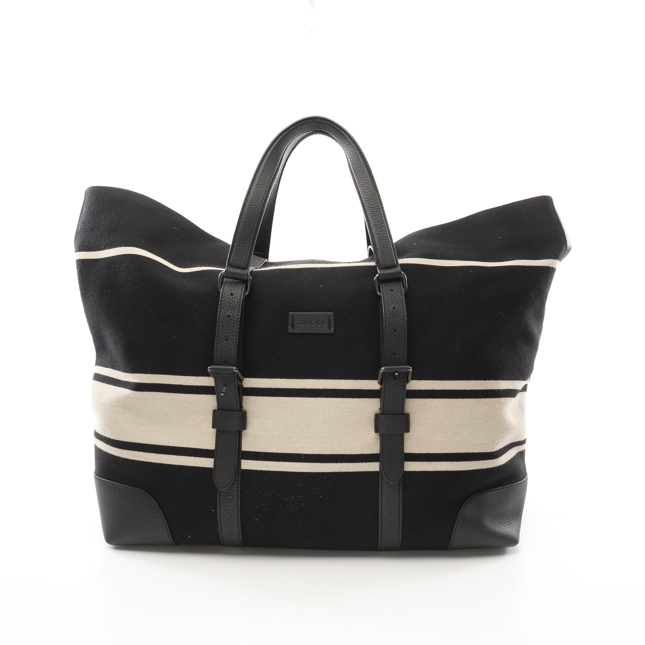 Gucci Duffel Bag Handbag Tote Wool Leather Black Beige, Women's