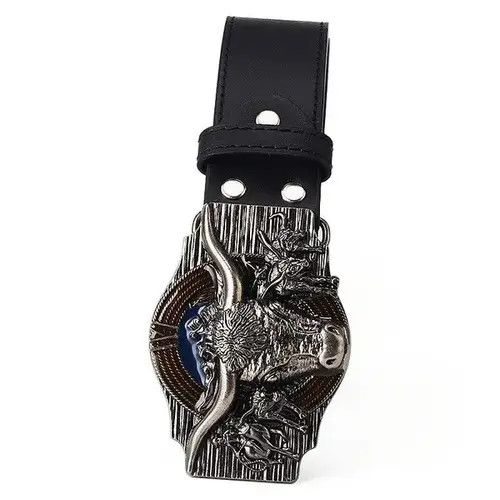 Indigo × Japanese Brand Belts Skull Bull Ox Horn Men Leather Belt Size ONE SIZE - 4 Thumbnail