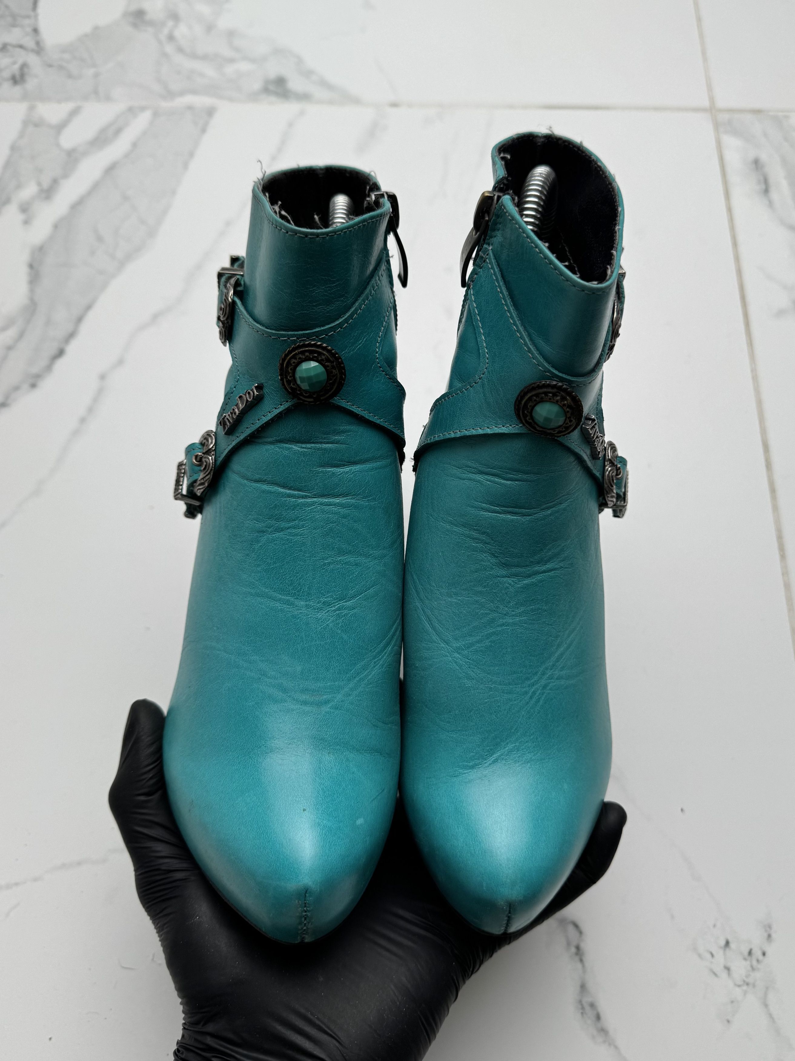 Vintage Y2K Turquoise High Heel Ankle Boots Leather Buckle Booties Size US 6 / IT 36 - 6 Thumbnail