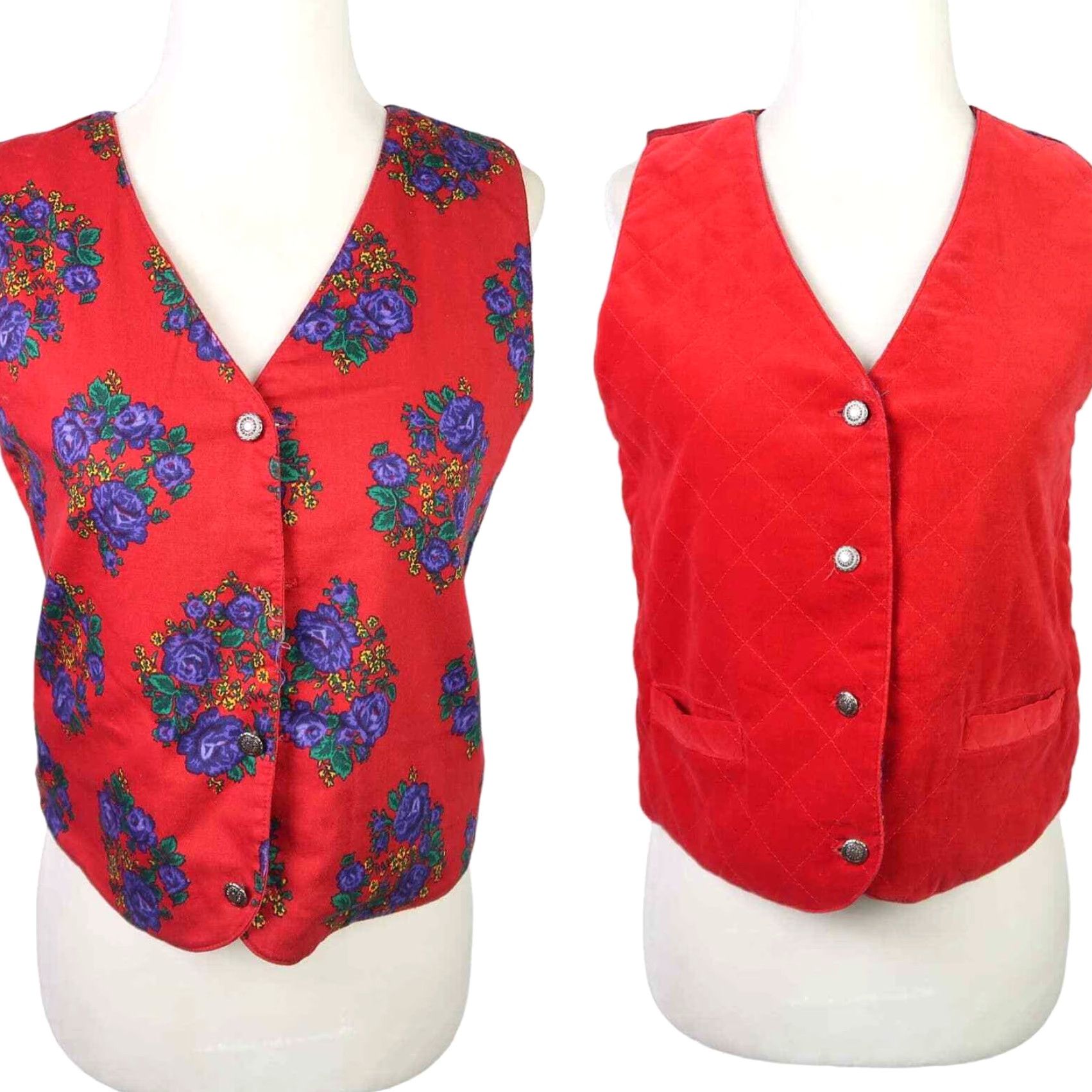Vintage VINTAGE 90s Floral Print Quilted Reversible Vest, Red/Blue, Cotton, S, Casual, Regular, Button Front, Arts & Crafts, Womens Size S / US 4 / IT 40 - 2 Thumbnail