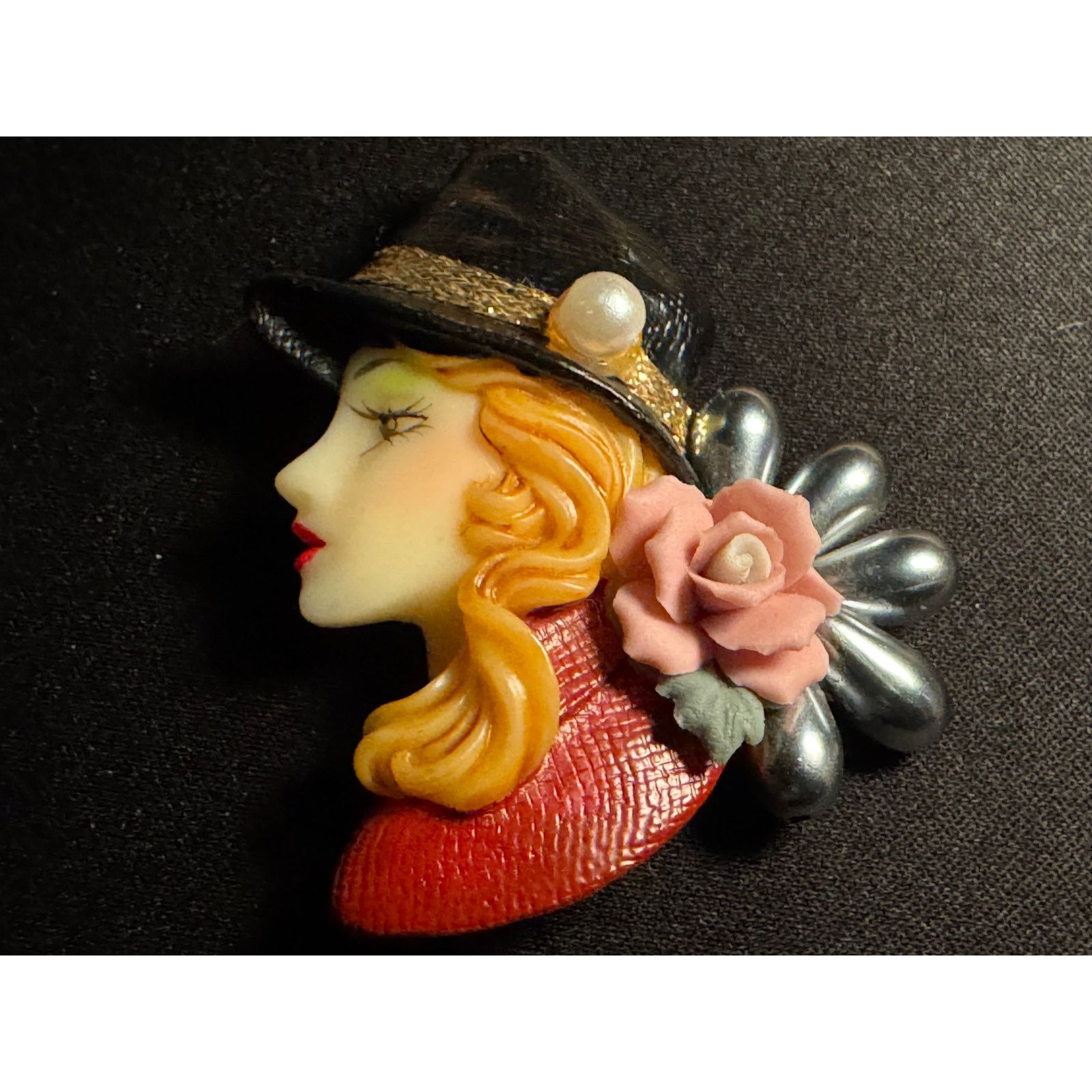 Other Vintage 1980's Flapper Style Hand Painted Brooch Size ONE SIZE - 2 Thumbnail