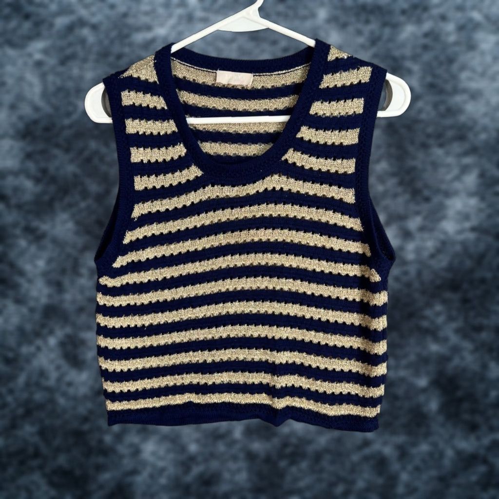 Liu Jo VINTAGE Liu Jo Milano Womens Tank Top Shirt Adult Medium Blue Gold Striped Cotton Metallic Thread Women M Blue Striped 90s Concert Style Mens Womens? Size M / US 6-8 / IT 42-44 - 1 Thumbnail