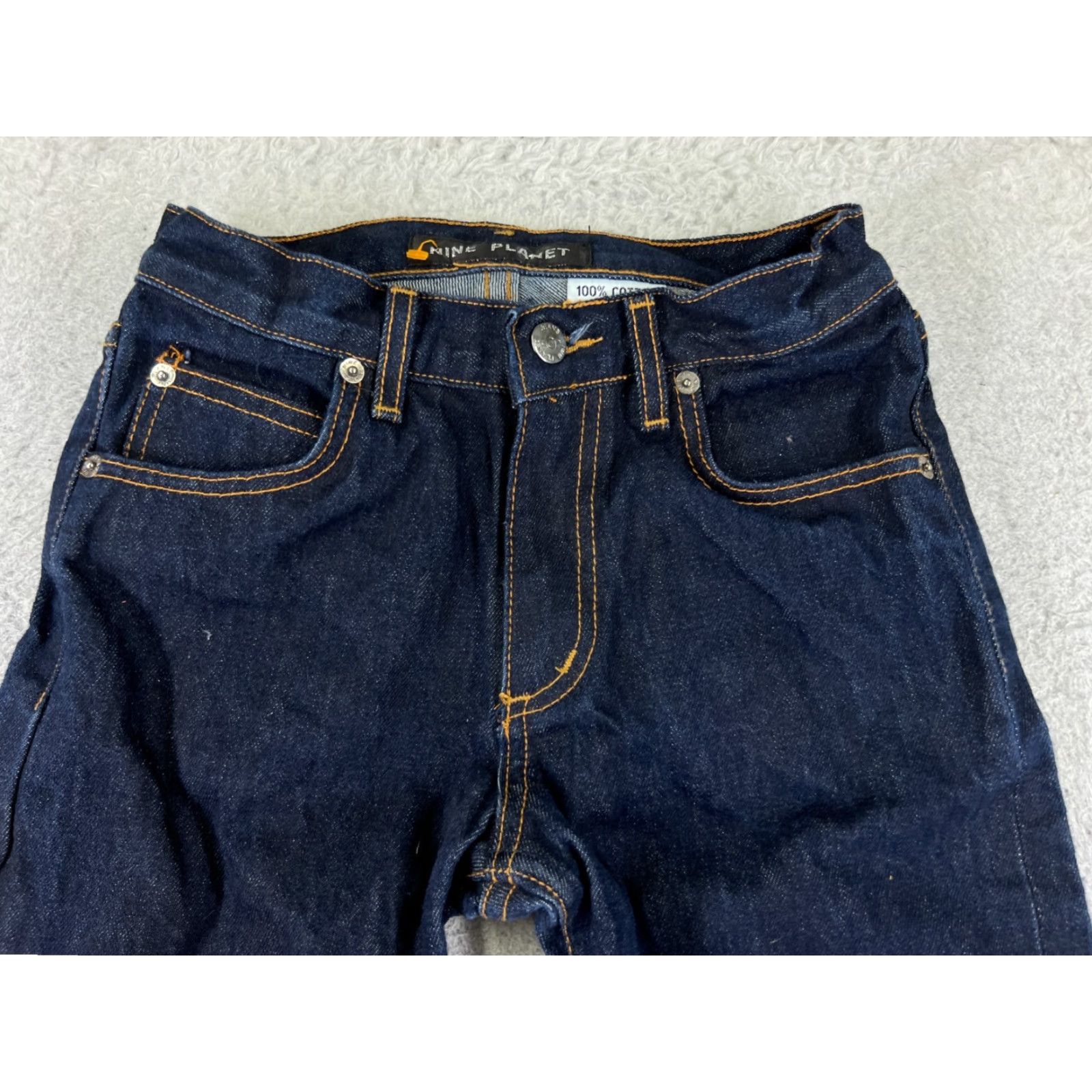 Vintage Nine Planet Women's Blue Denim Jeans Fold-Over Waist Straight Leg Dark Wash 22x31 Size 25" / US 0 / IT 36 - 4 Thumbnail