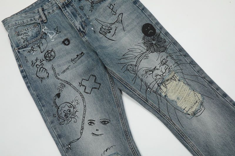 Japanese Brand × Jean × Vintage Graffiti Destroyed Hole Baggy Jeans Size US 29 - 5 Thumbnail