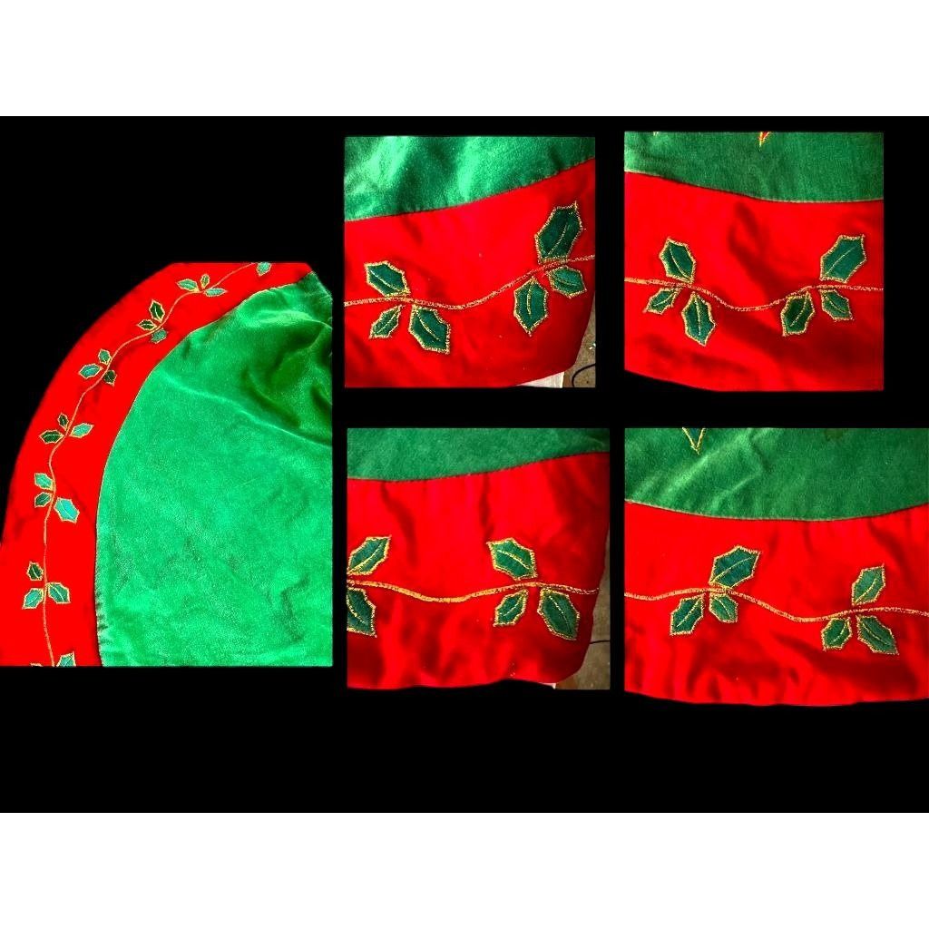 Vintage VTG Poinsettia Christmas Tree Skirt Red Green Holly Embroide Size ONE SIZE - 9 Thumbnail