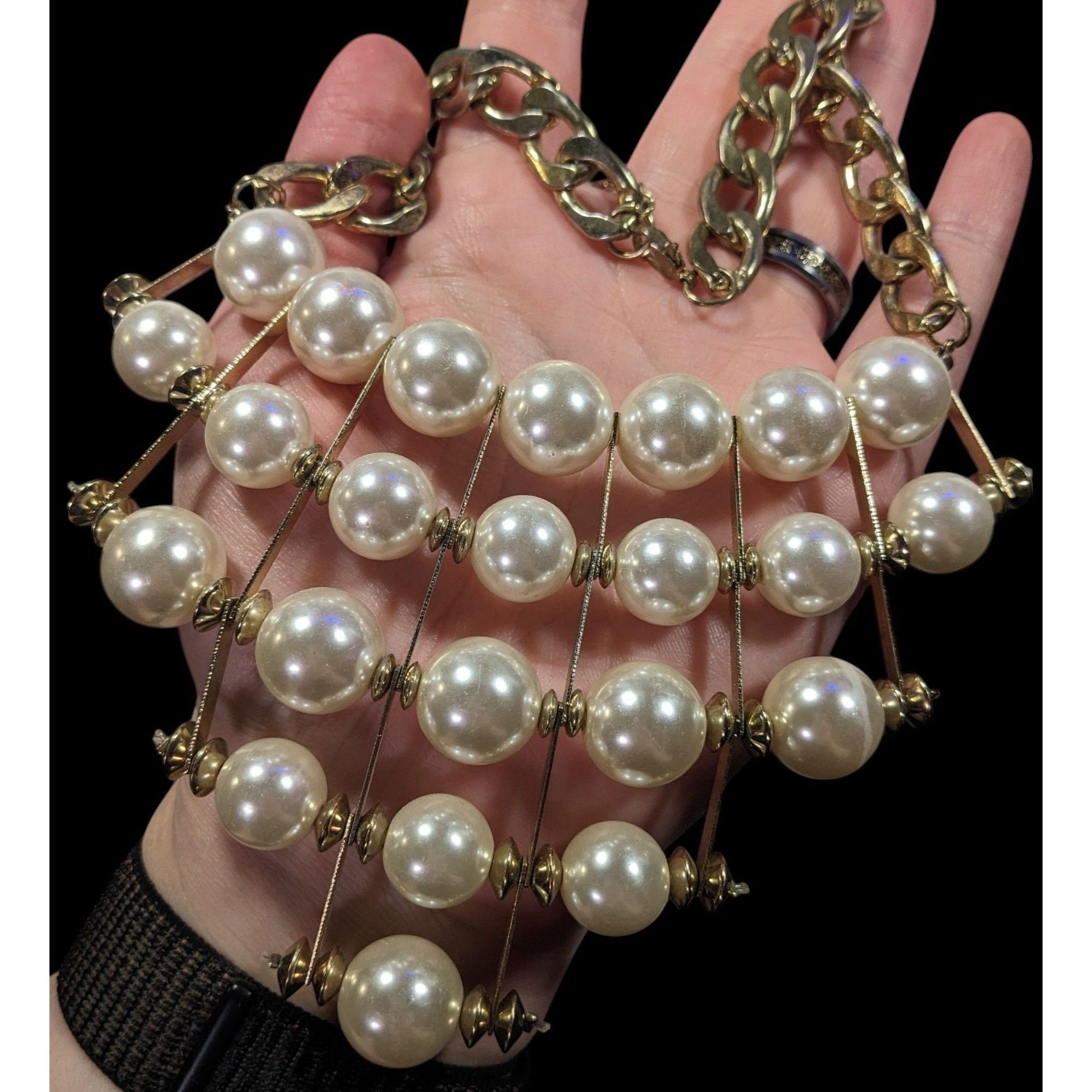 Other Vintage Art Deco Steampunk Faux Pearl Gold Tone Hinged Bib N Size ONE SIZE - 3 Thumbnail
