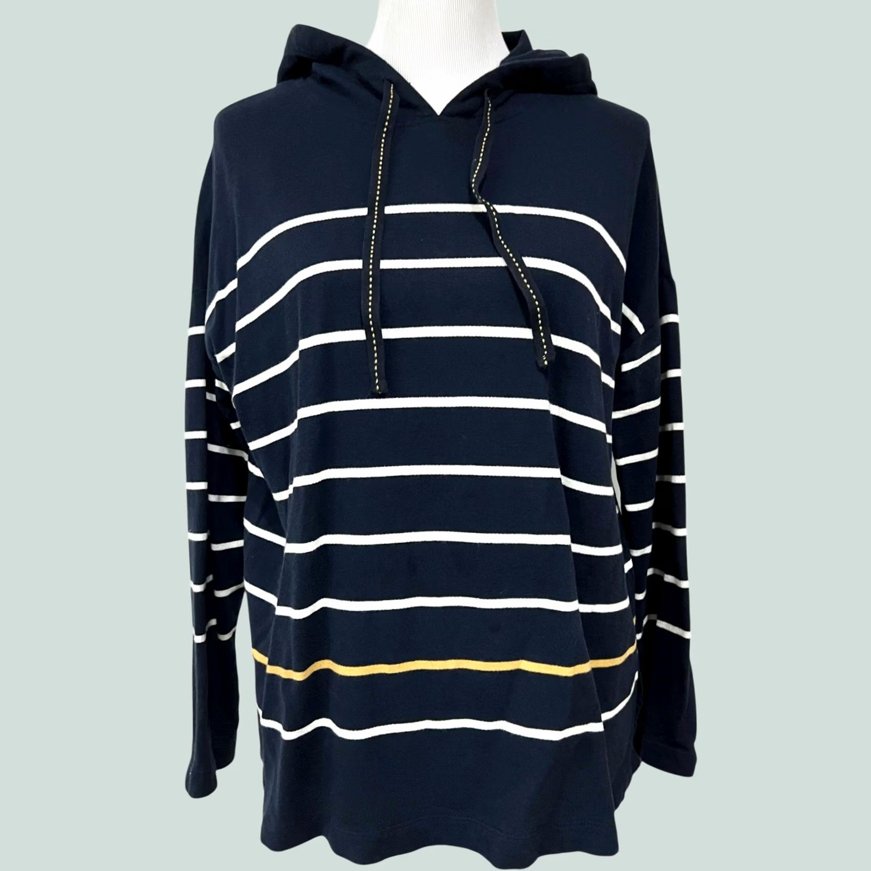 J. Jill J. Jill Hoodie Women’s M Striped Navy Blue Drawstring Cotton Pullover Knit Relaxed Fit Pullover Hoodie Womens M Navy Striped Cotton Hoodie Size M / US 6-8 / IT 42-44 - 1 Thumbnail