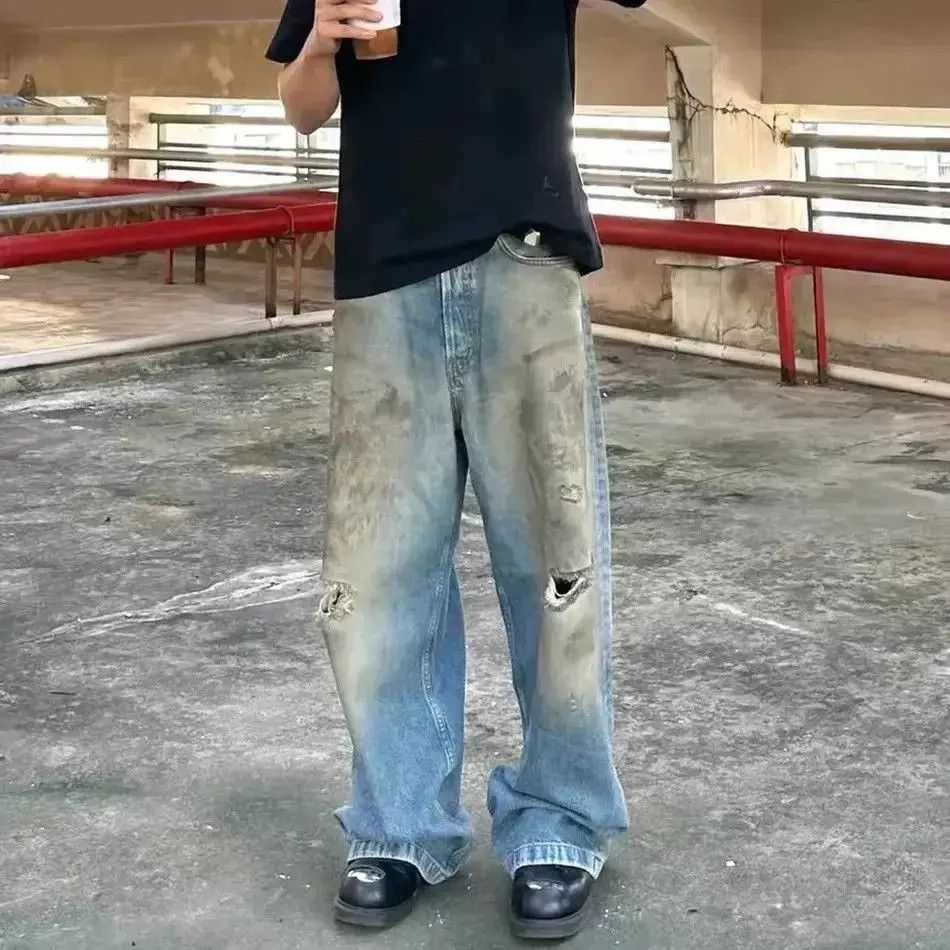 Mud Dyed Hole Baggy Jeans Hombre Frayed Ripped Trousers y2k main image 4