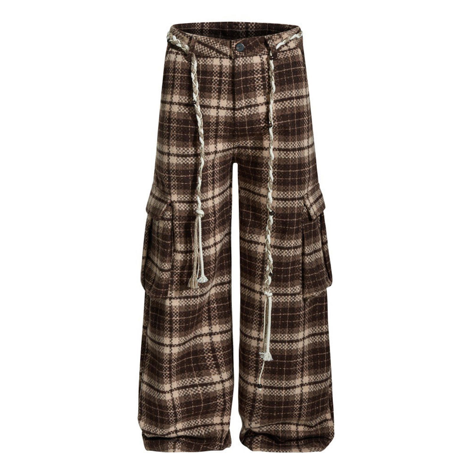 Japanese Brand Brown Plaid Wide Leg Cargo Sweatpants, Relaxed Fit Trousers Size US 30 / EU 46 - 1 Thumbnail
