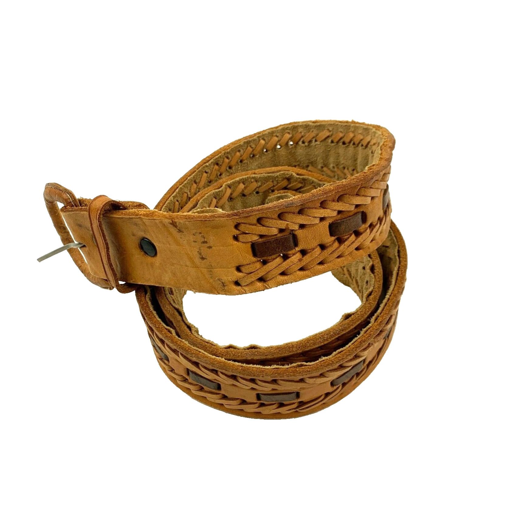 Vintage VINTAGE Belt Mens Brown Leather 44 Size 50" Long 1.9" Wide Two-Tone Laced 70s Size 44 - 2 Thumbnail
