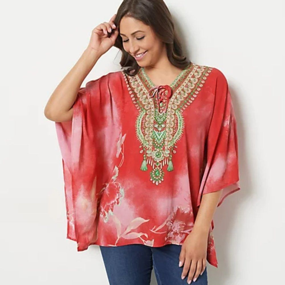Other New Belle by Kim Gravel Printed V-Neck Lace-Up Red Poncho S Size XXL / US 16-18 / IT 52-54 - 2 Thumbnail